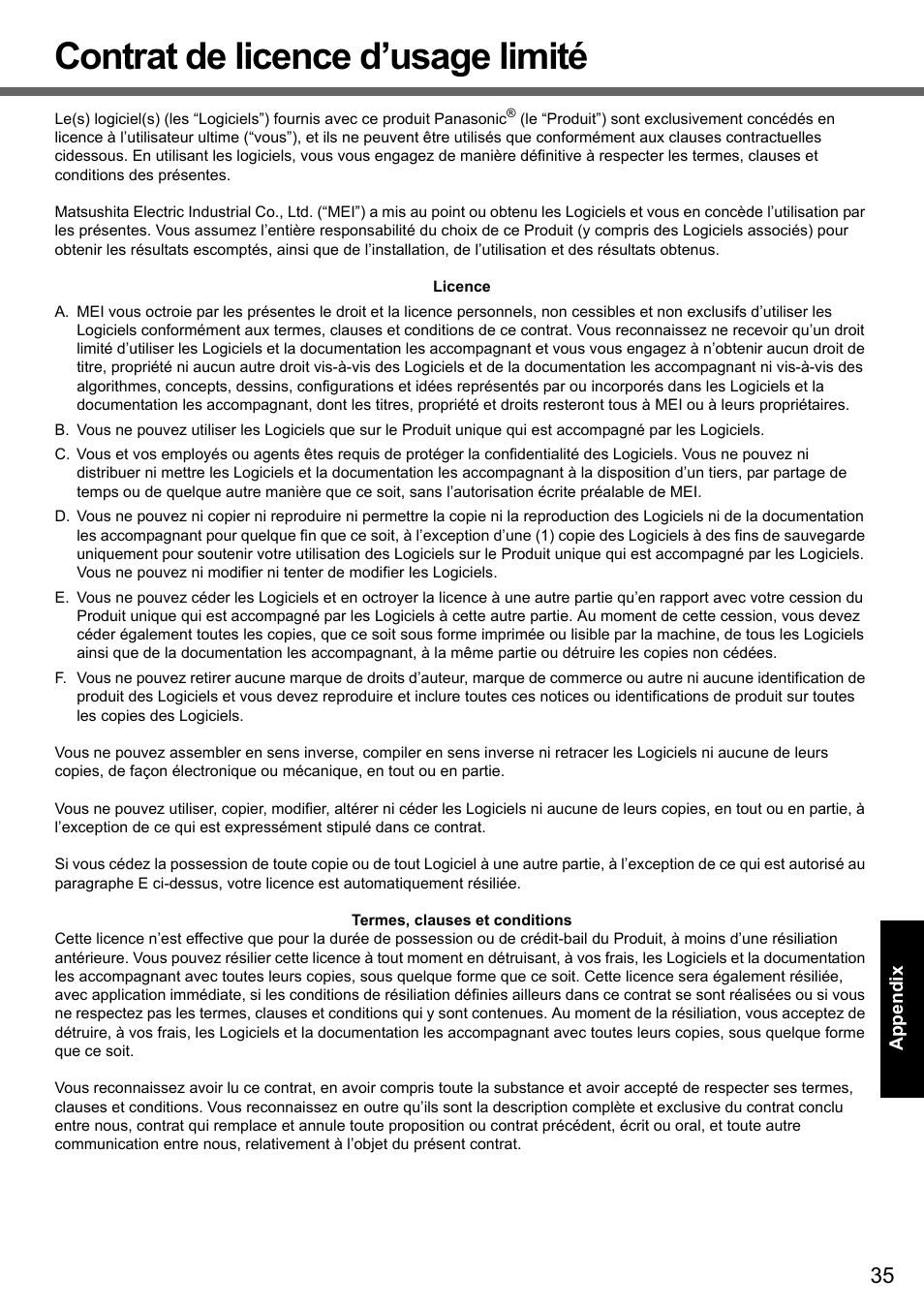 Contrat de licence d’usage limité | Panasonic CF-Y7 series User Manual | Page 35 / 44