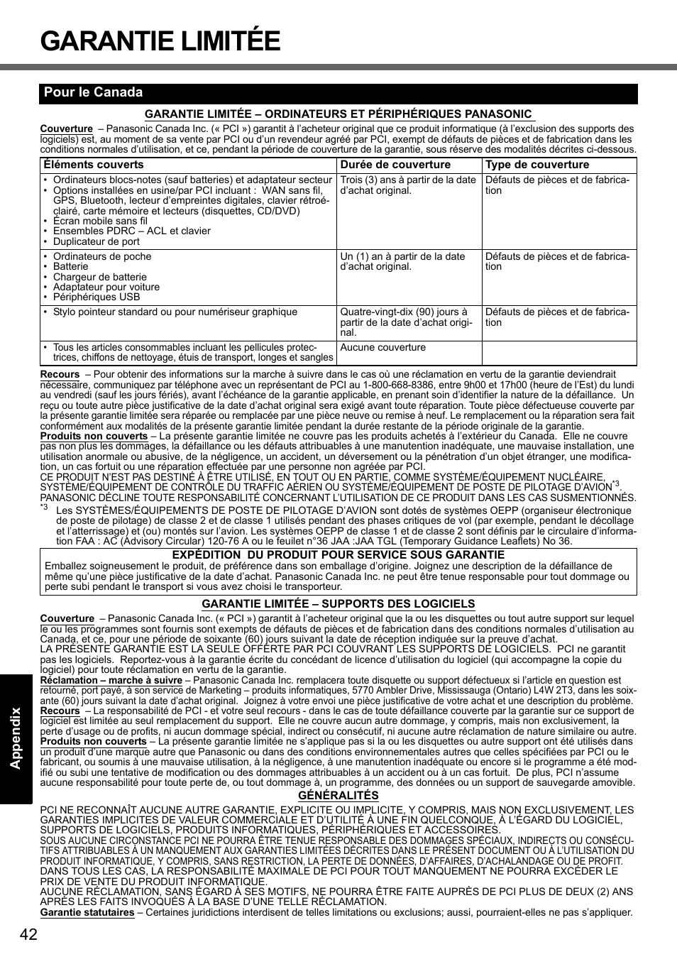 Garantie limitée, Pour le canada | Panasonic CF-Y7 series User Manual | Page 42 / 44