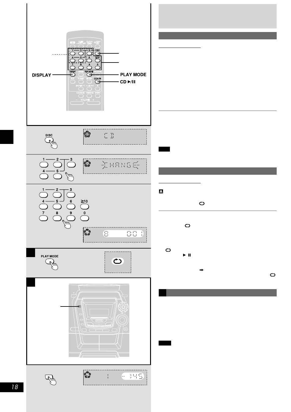 Direct access play, Repeat play, Cd display | Listening to compact discs direct access play, Press [disc, Press [1] – [5] to select the disc you want, Press and hold [play mode] before or during play, Press [display | Panasonic SC-AK300 User Manual | Page 18 / 28