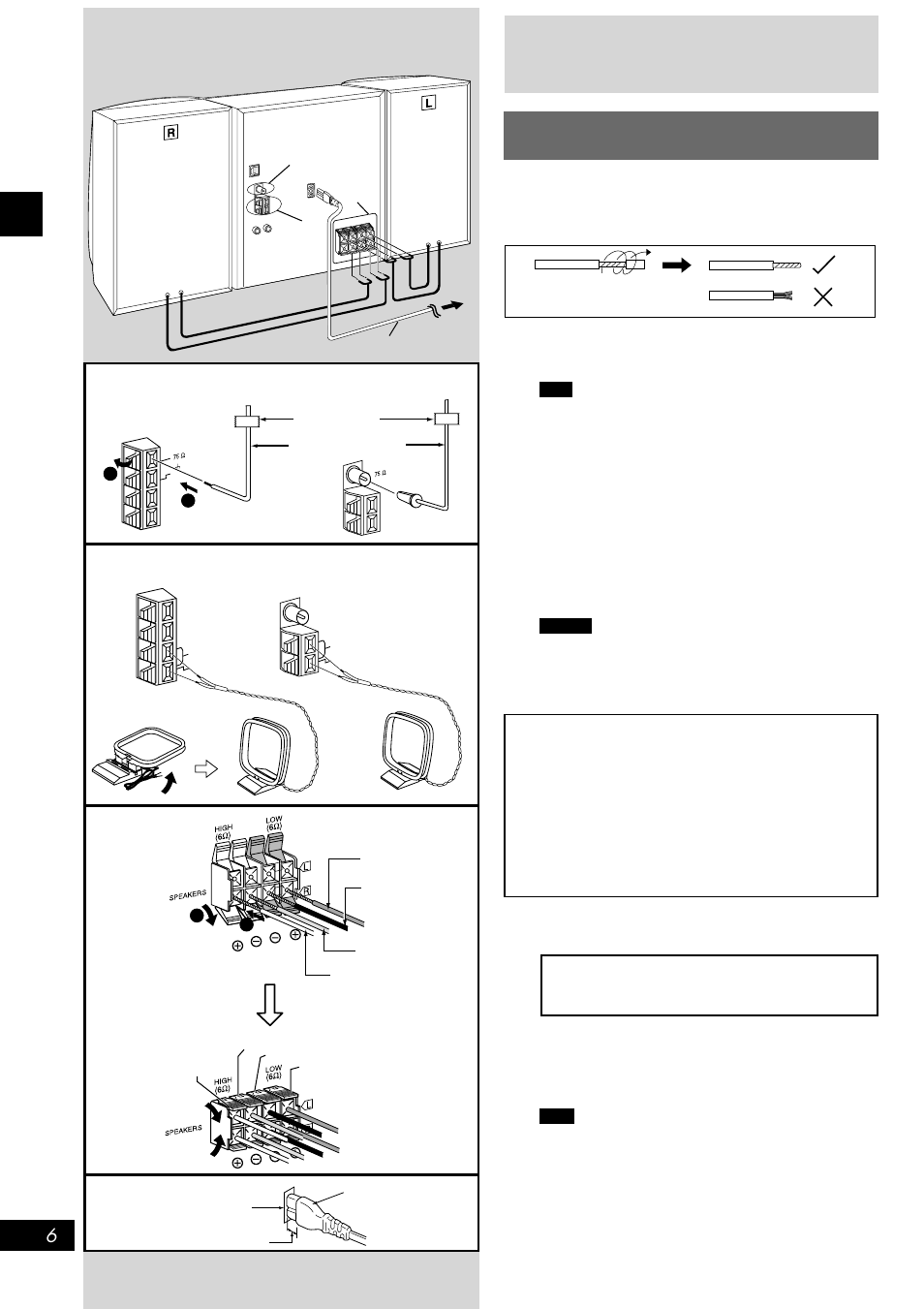 Connections, Basic connections (for supplied accessories), Connect the fm indoor antenna | Connect the am loop antenna, Connect the speaker cables, Connect the ac mains lead | Panasonic SC-AK300 User Manual | Page 6 / 28