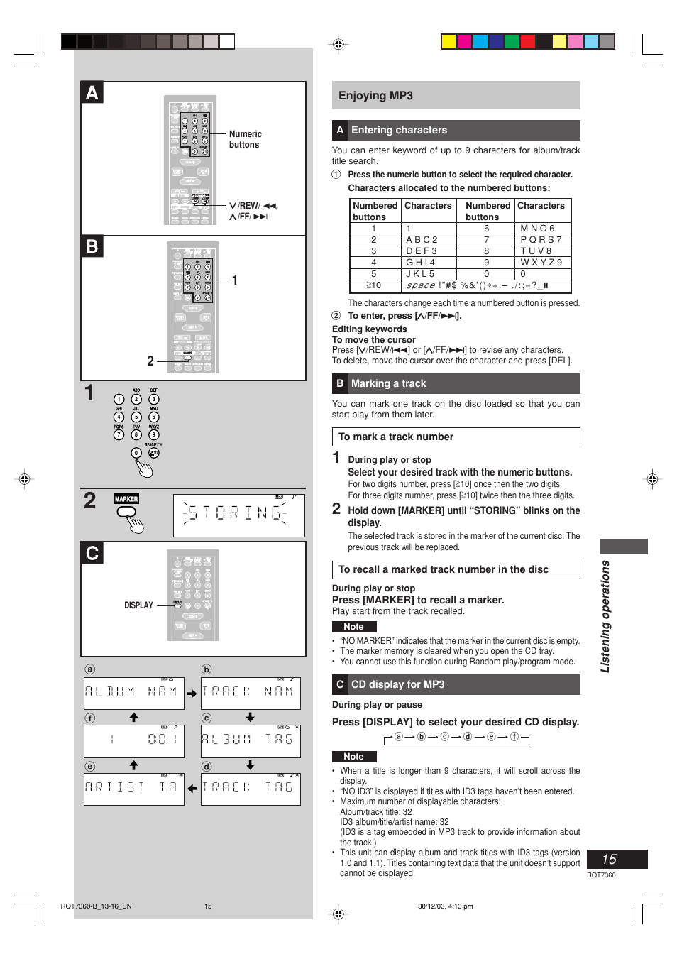 Listening operations, Enjoying mp3 | Panasonic SC-PM9 User Manual | Page 15 / 24