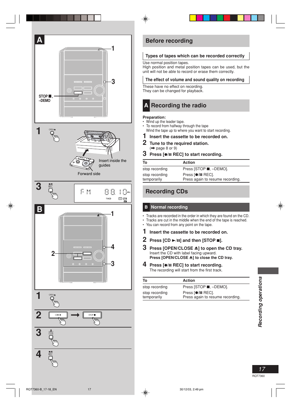 Before recording, Arecording the radio, Recording cds | Panasonic SC-PM9 User Manual | Page 17 / 24