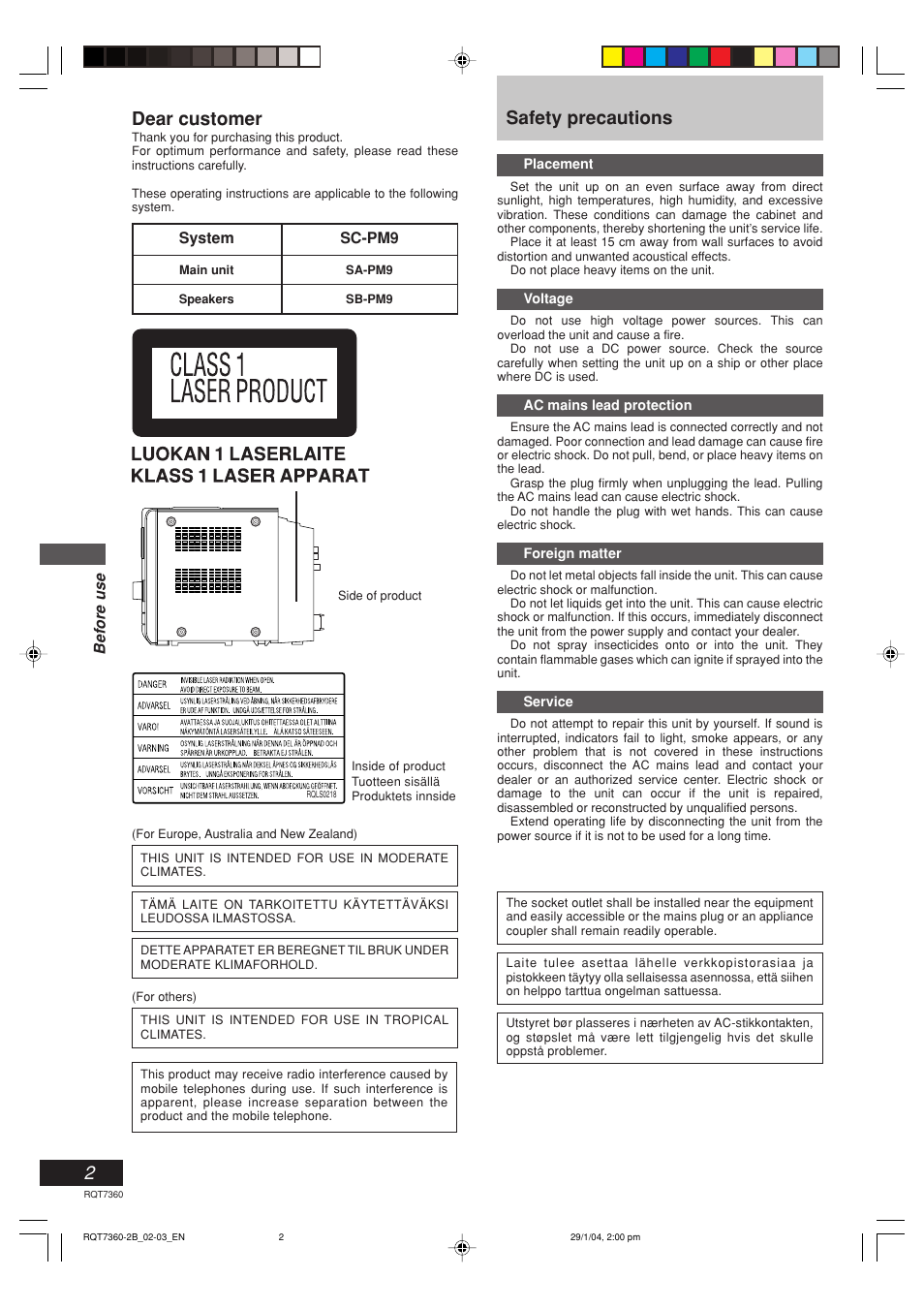 Safety precautions, Dear customer, Before use | System sc-pm9 | Panasonic SC-PM9 User Manual | Page 2 / 24