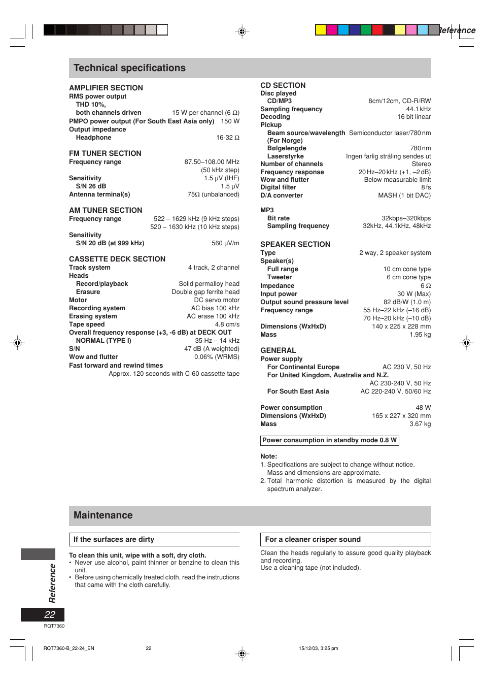 Maintenance, Technical specifications, Reference | Panasonic SC-PM9 User Manual | Page 22 / 24