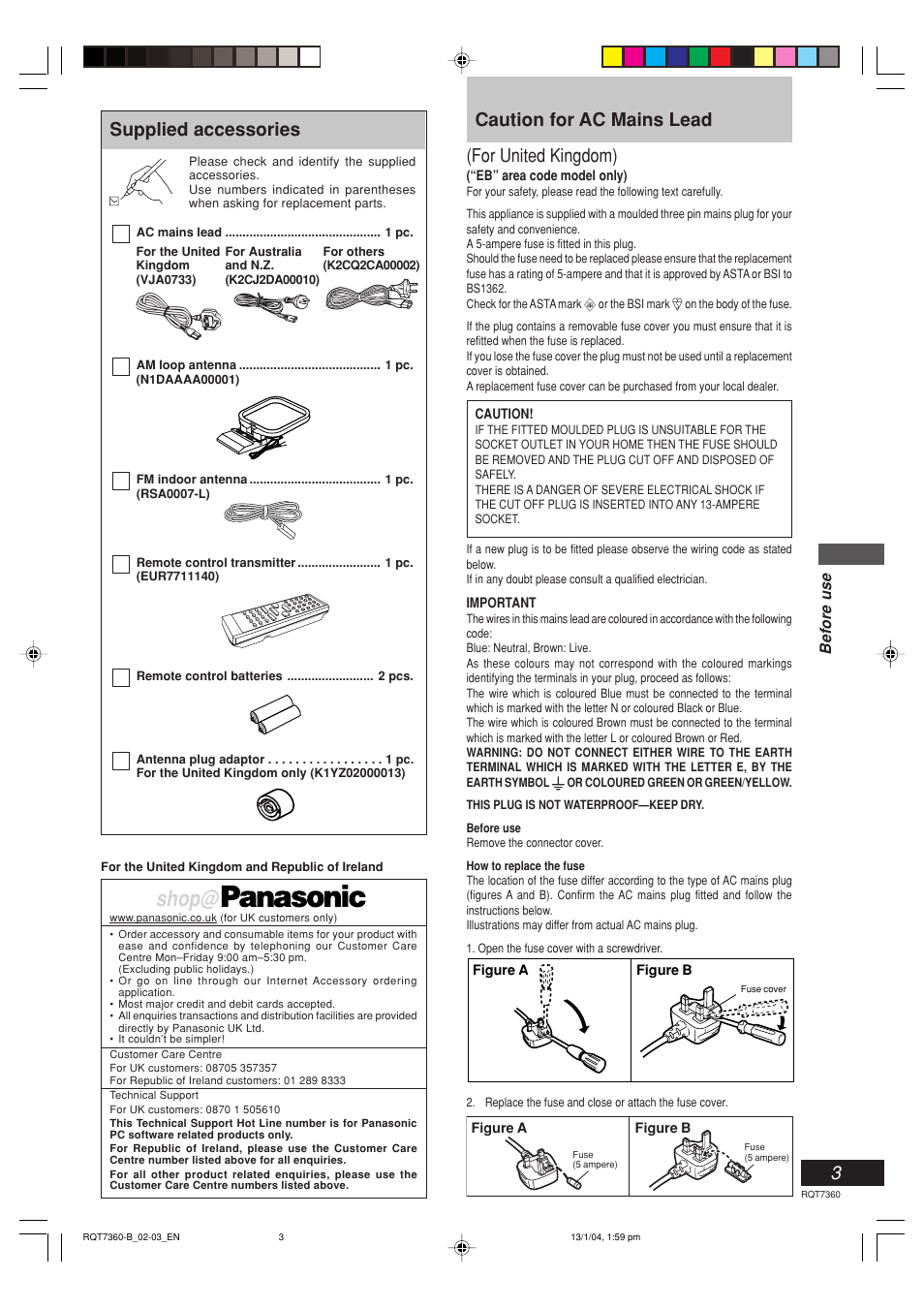 Shop, Supplied accessories, Caution for ac mains lead (for united kingdom) | Before use | Panasonic SC-PM9 User Manual | Page 3 / 24