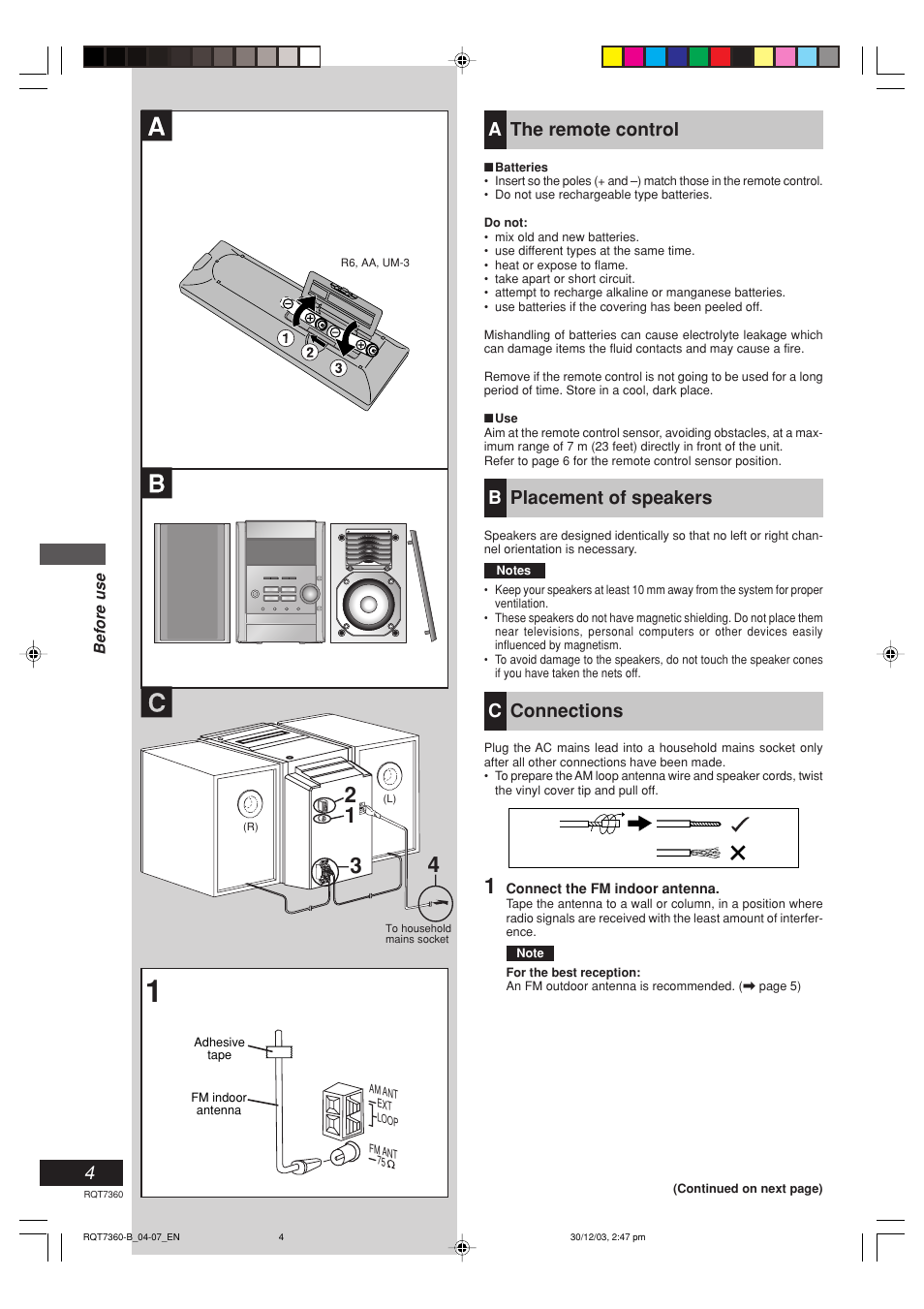 Athe remote control, Bplacement of speakers, Cconnections | Panasonic SC-PM9 User Manual | Page 4 / 24