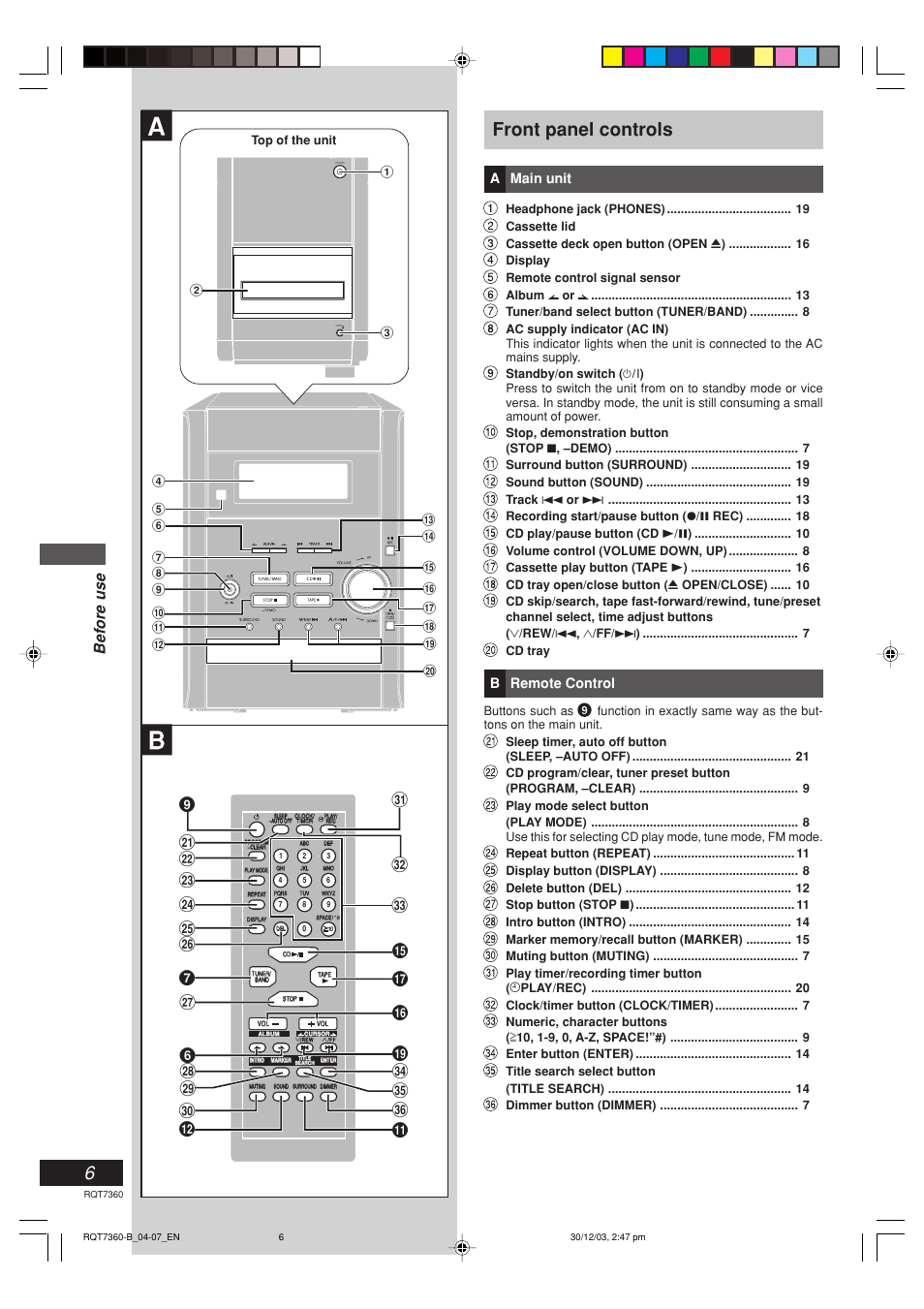 Front panel controls, Before use | Panasonic SC-PM9 User Manual | Page 6 / 24