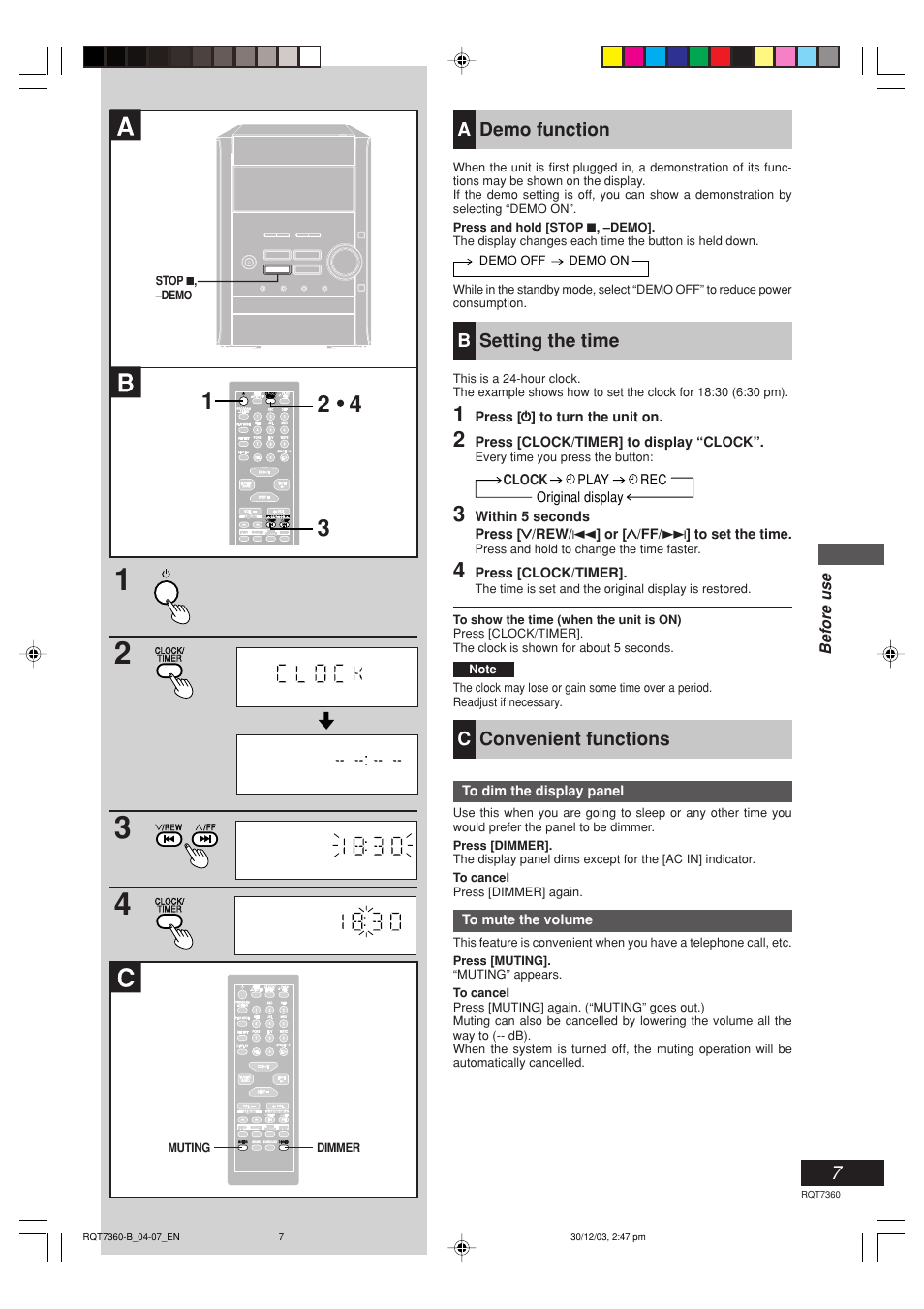 Ademo function, Bsetting the time, Cconvenient functions | Panasonic SC-PM9 User Manual | Page 7 / 24