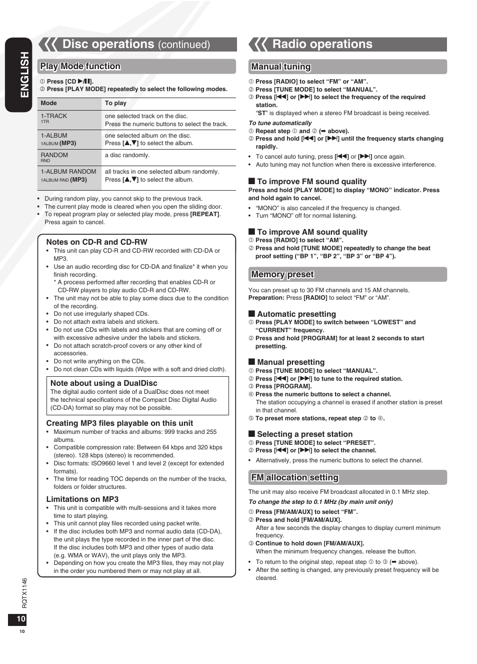 Radio operations, Disc operations, English | Continued), Fm allocation setting, Play mode function | Panasonic SC-HC40 User Manual | Page 10 / 32