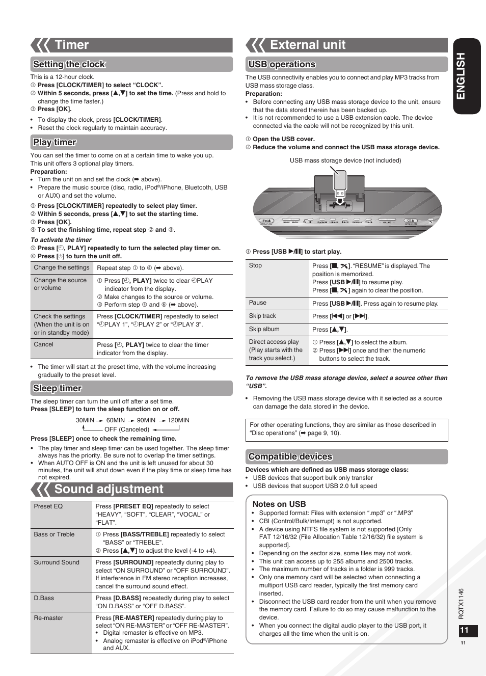 Timer, Sound adjustment, External unit | Timer external unit, English, Setting the clock, Play timer, Sleep timer, Usb operations compatible devices | Panasonic SC-HC40 User Manual | Page 11 / 32