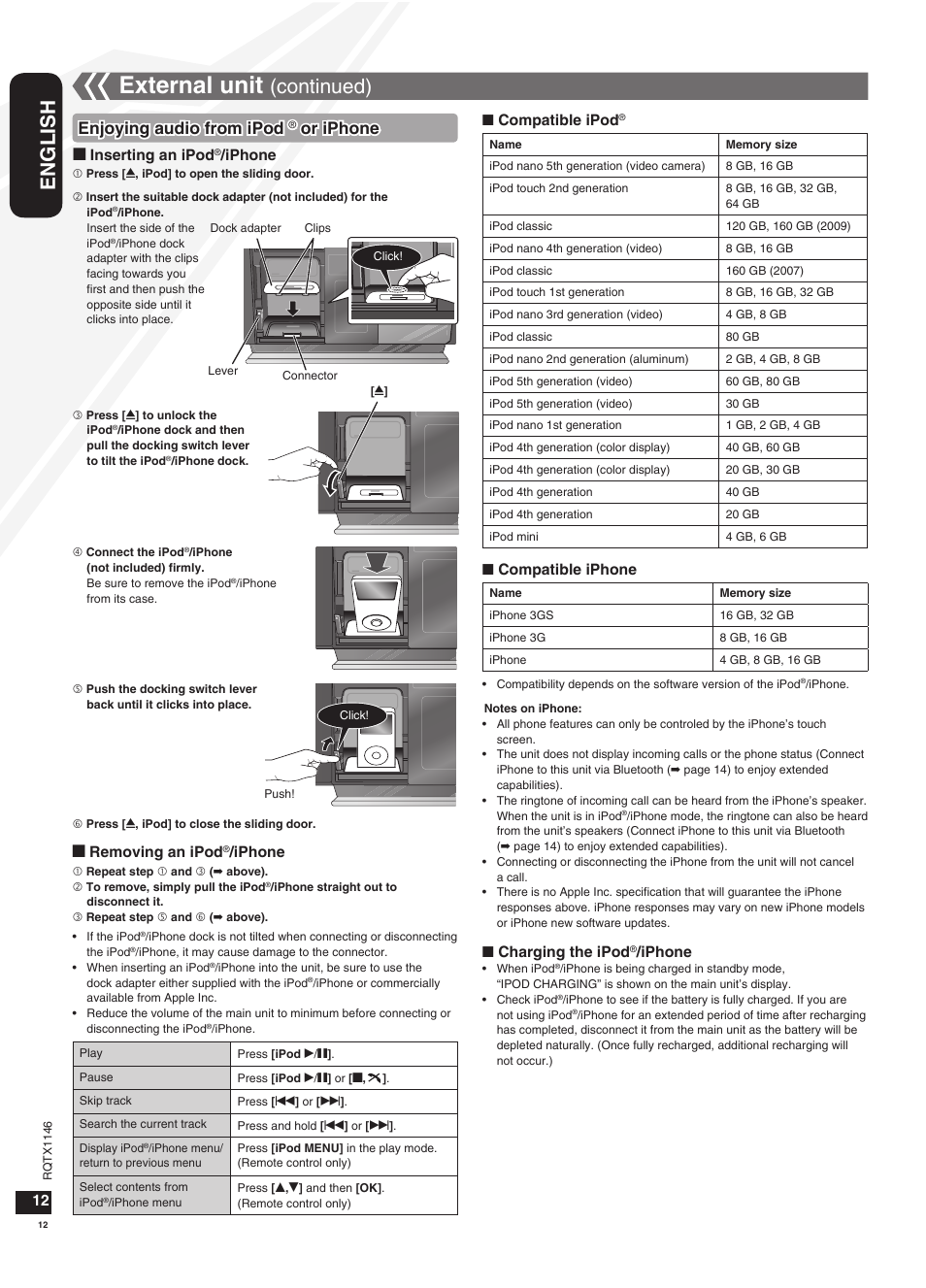 External unit, English, Continued) | Enjoying audio from ipod, Or iphone | Panasonic SC-HC40 User Manual | Page 12 / 32