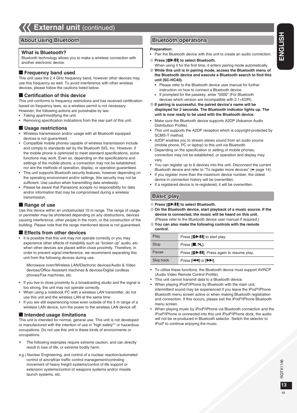 External unit, English, Continued) | About using bluetooth, Bluetooth operations basic play | Panasonic SC-HC40 User Manual | Page 13 / 32