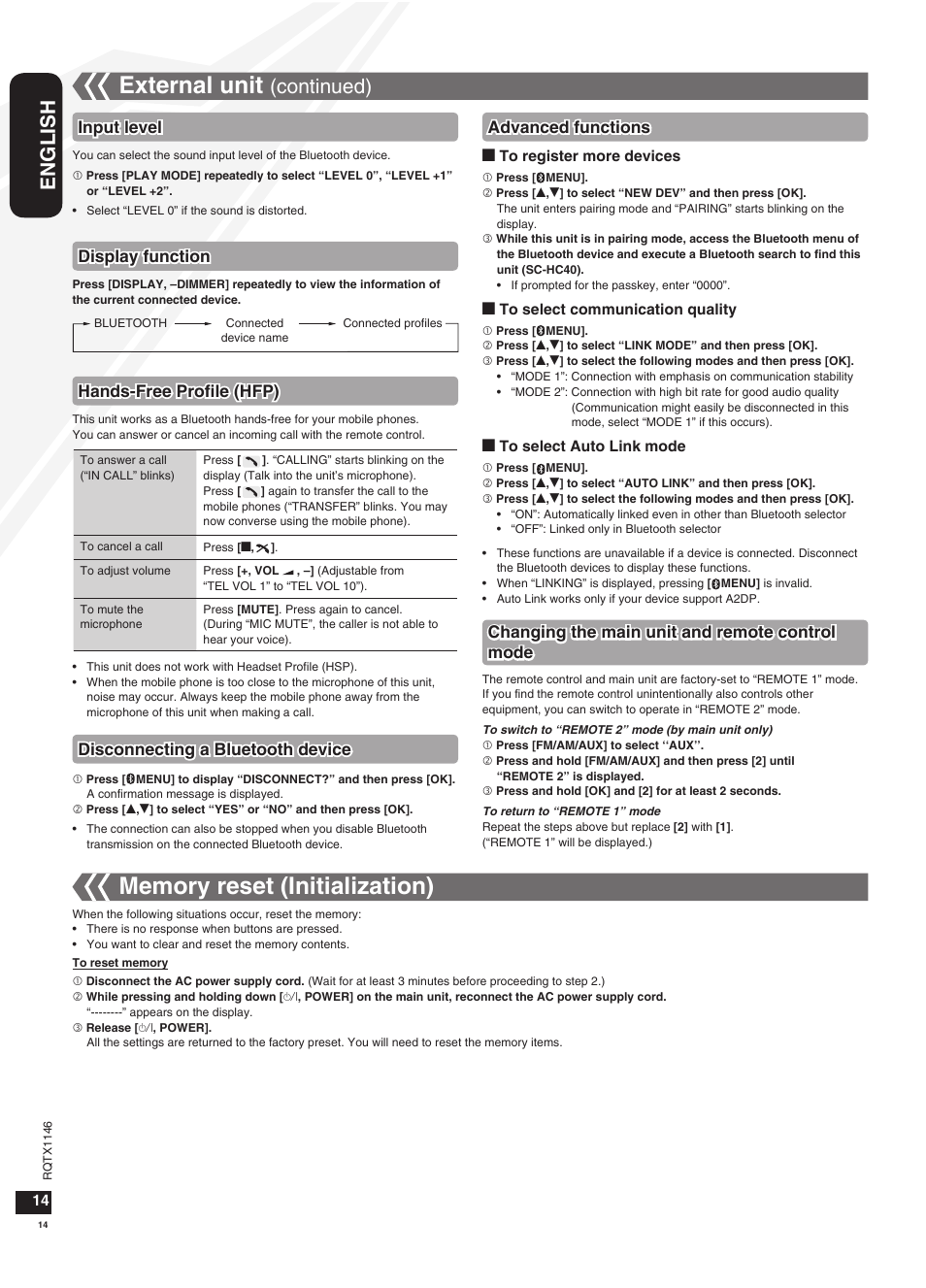 Memory reset (initialization), External unit, English | Continued), Input level, Display function, Hands-free profile (hfp), Disconnecting a bluetooth device | Panasonic SC-HC40 User Manual | Page 14 / 32