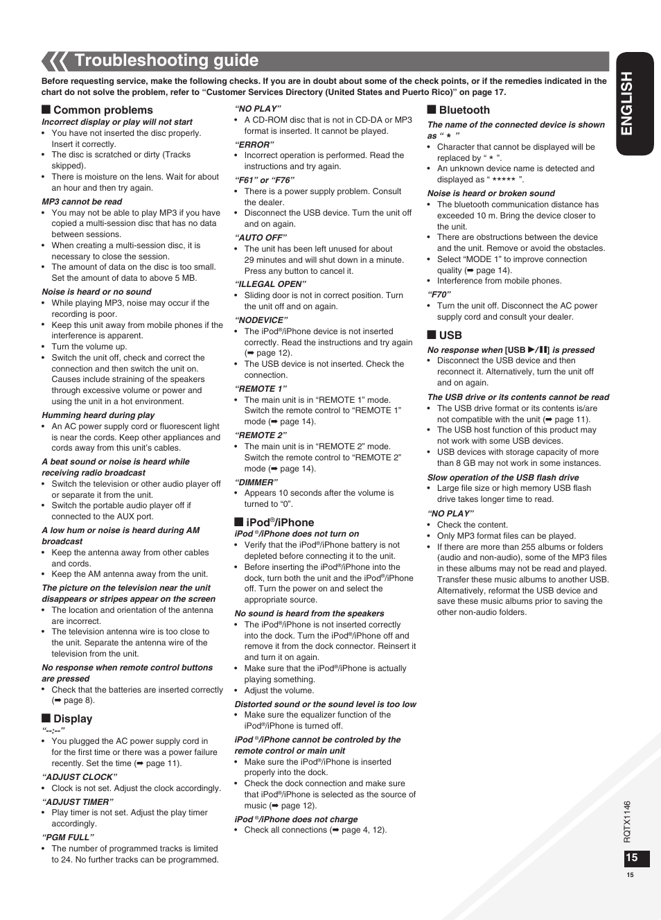 Troubleshooting guide, English | Panasonic SC-HC40 User Manual | Page 15 / 32