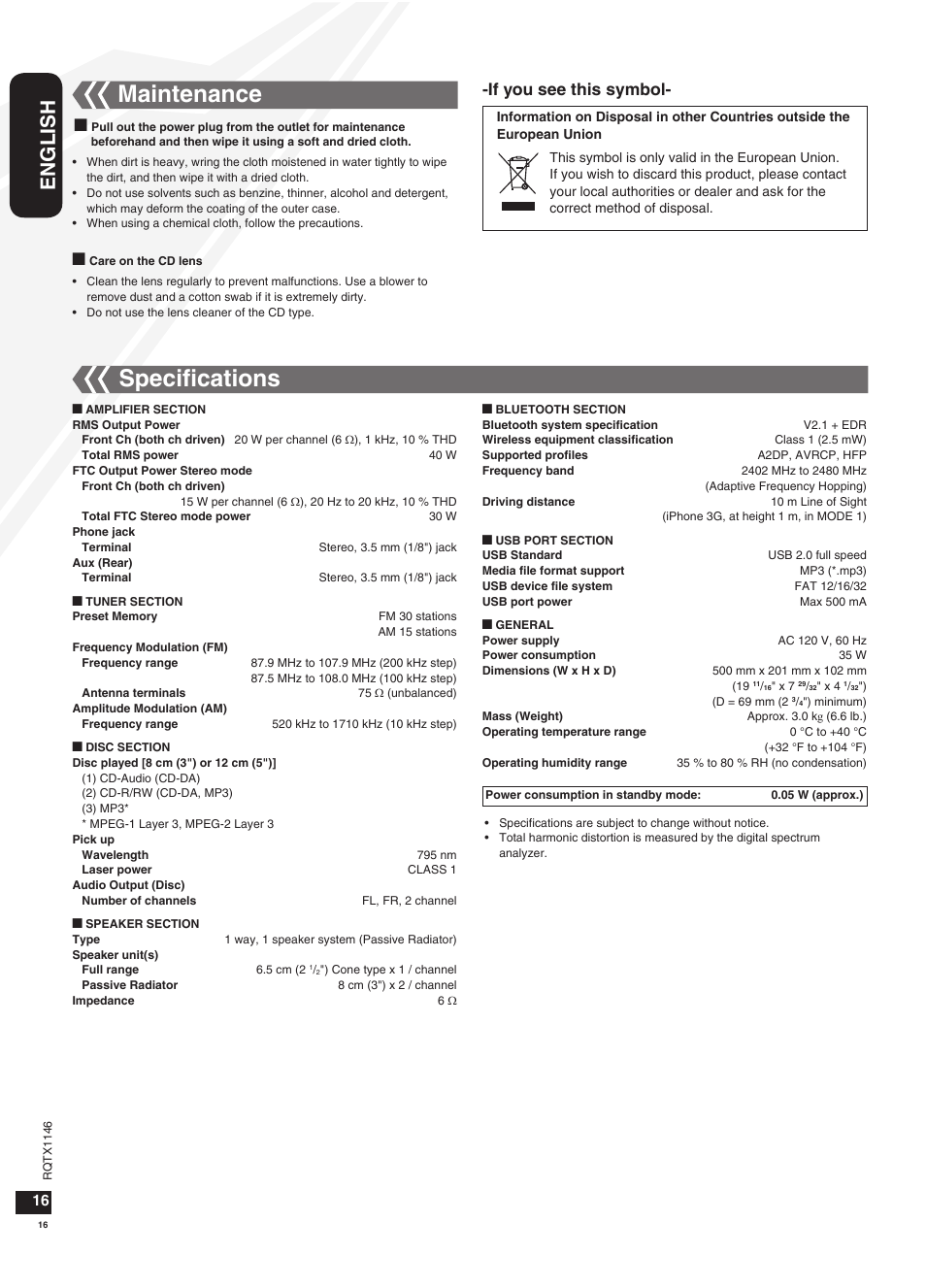 Maintenance, Specifications, Speciﬁcations | English, If you see this symbol | Panasonic SC-HC40 User Manual | Page 16 / 32