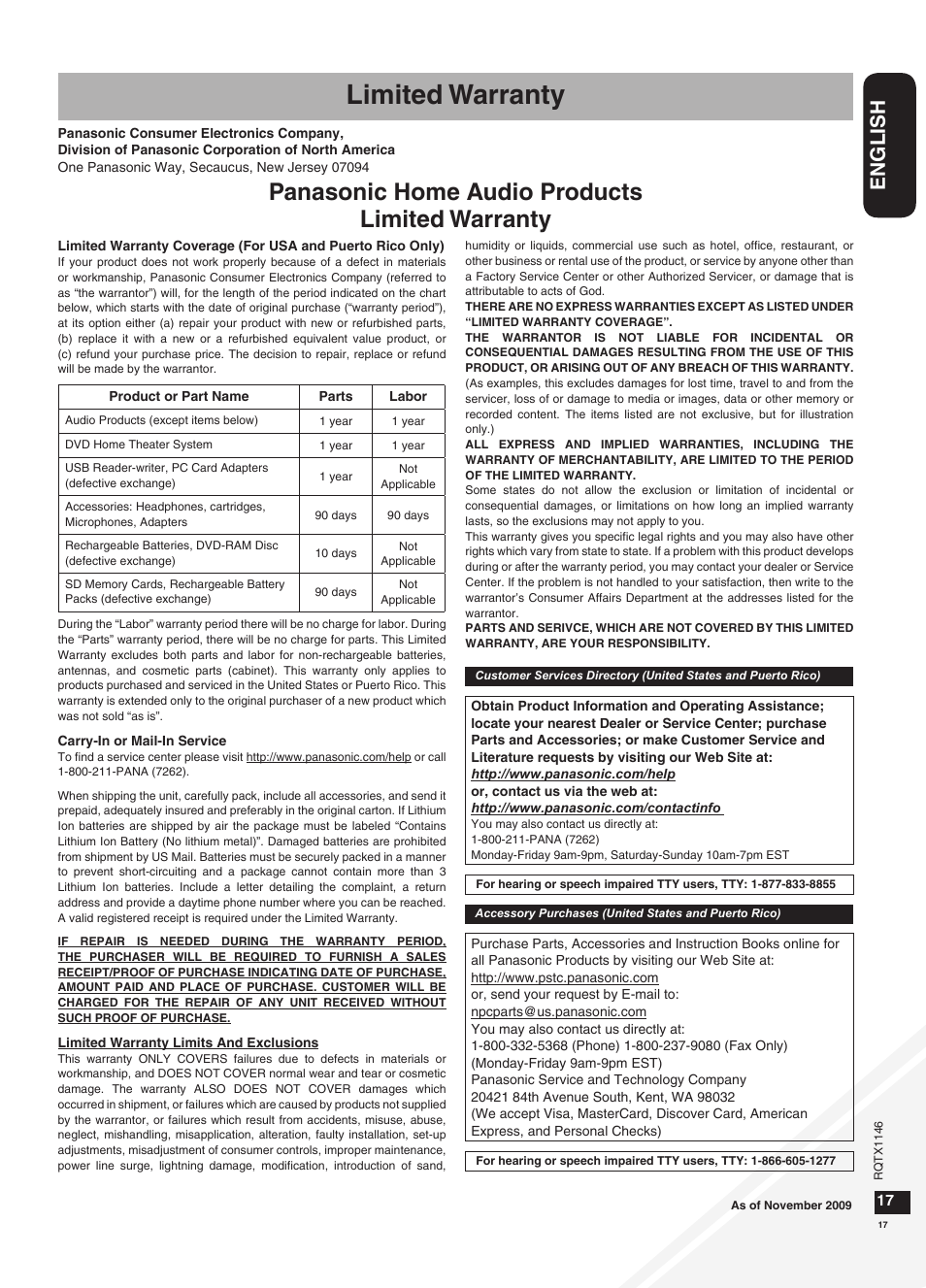 Limited warranty, Panasonic home audio products limited warranty, English | Panasonic SC-HC40 User Manual | Page 17 / 32