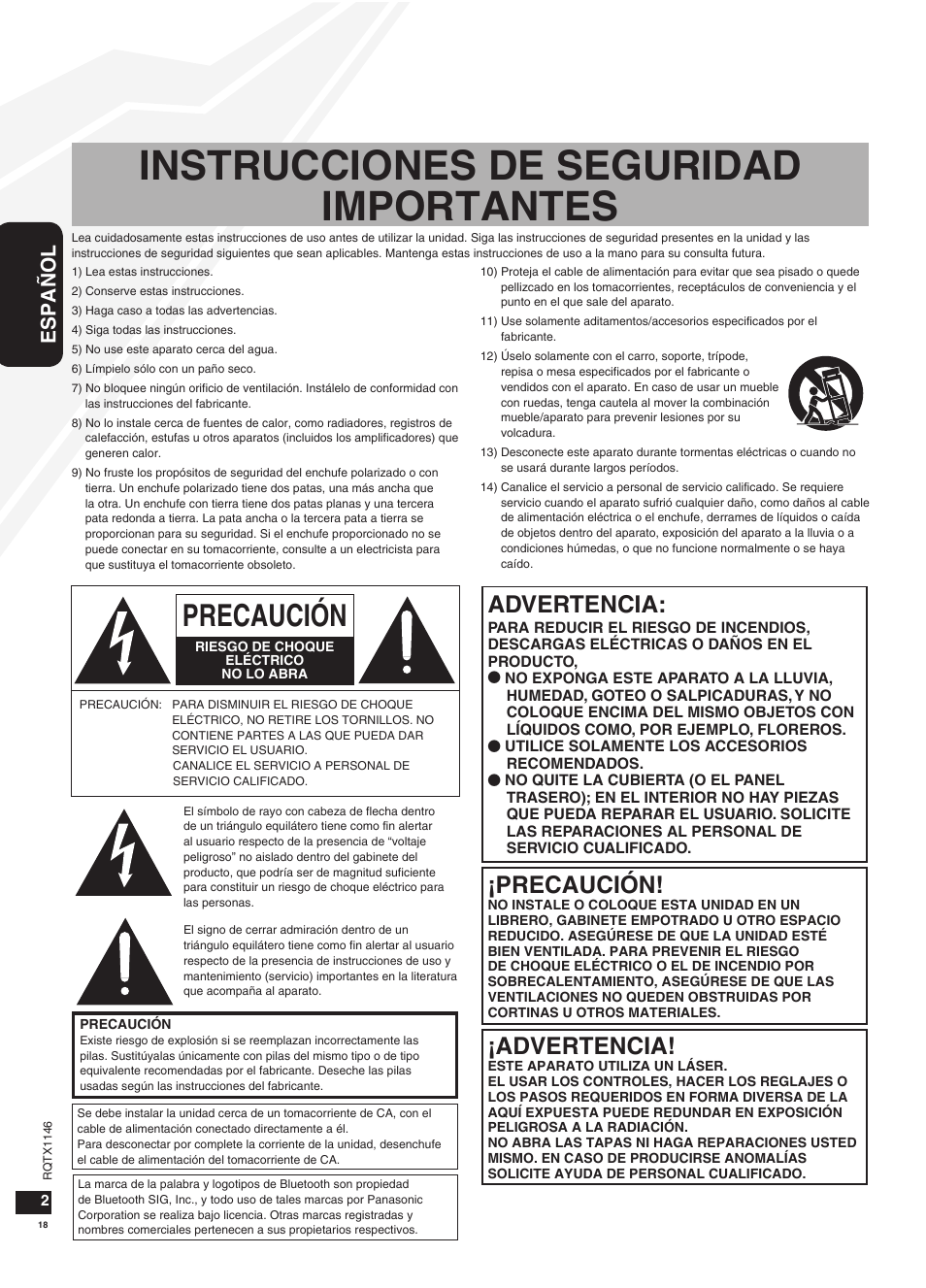 Instrucciones de seguridad importantes, Advertencia, Precaución | Español | Panasonic SC-HC40 User Manual | Page 18 / 32