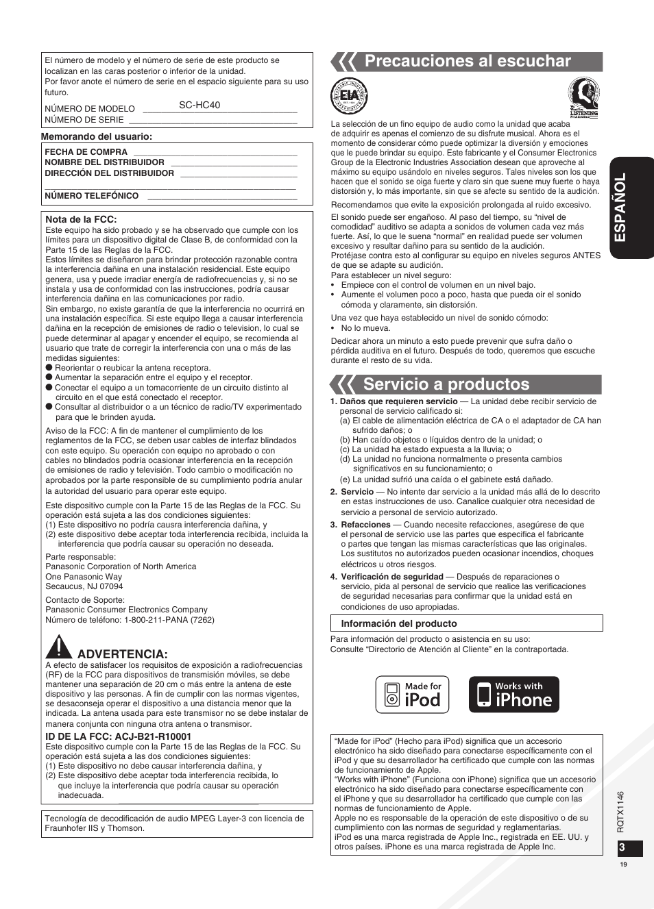 Precauciones al escuchar, Servicio a productos, Español | Advertencia | Panasonic SC-HC40 User Manual | Page 19 / 32