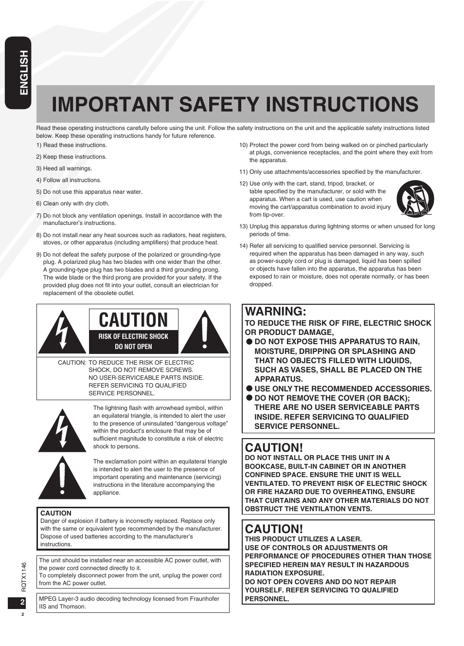 Important safety instructions, Caution, Warning | English | Panasonic SC-HC40 User Manual | Page 2 / 32