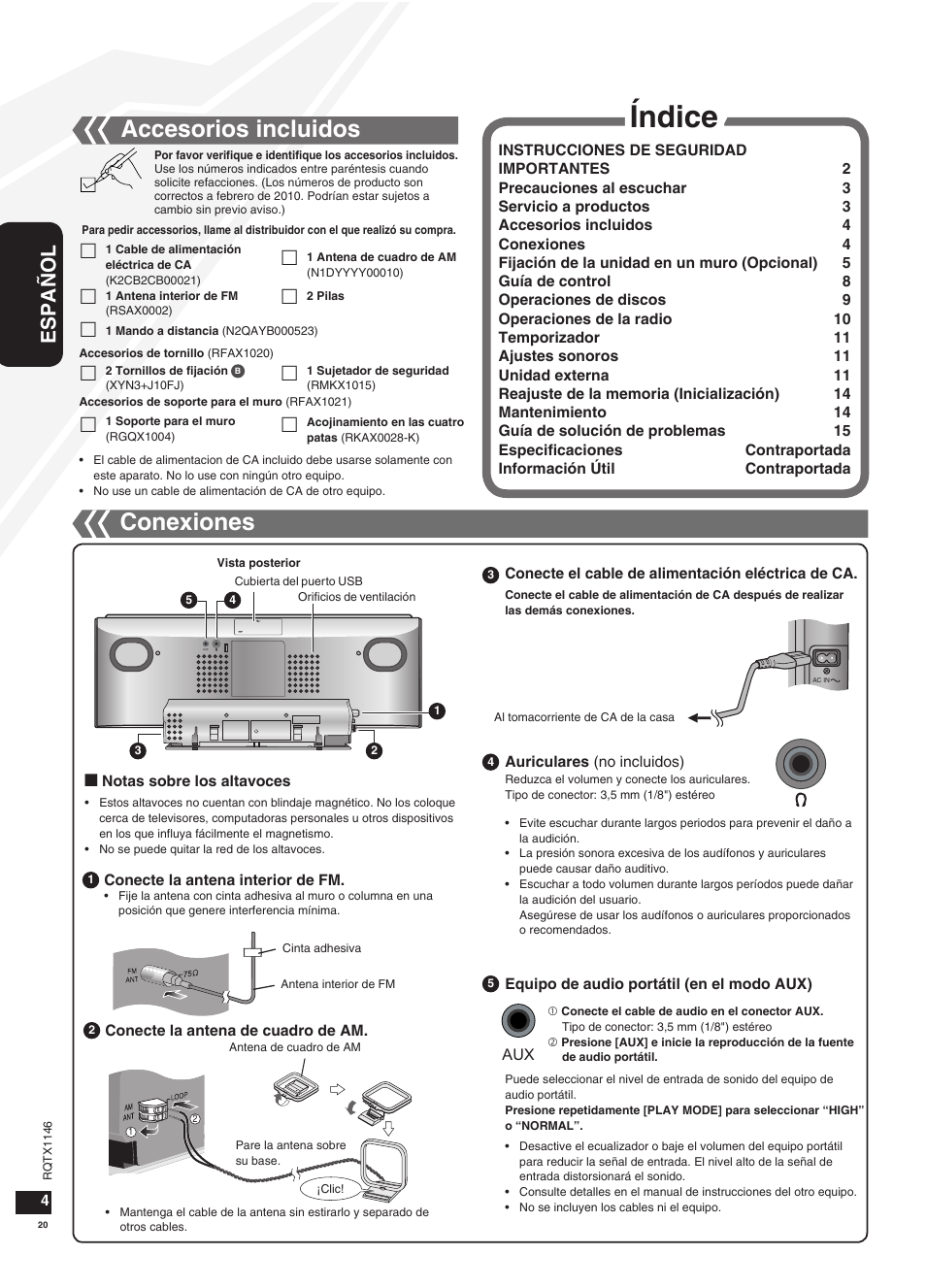 Índice, Conexiones, Accesorios incluidos | Español | Panasonic SC-HC40 User Manual | Page 20 / 32