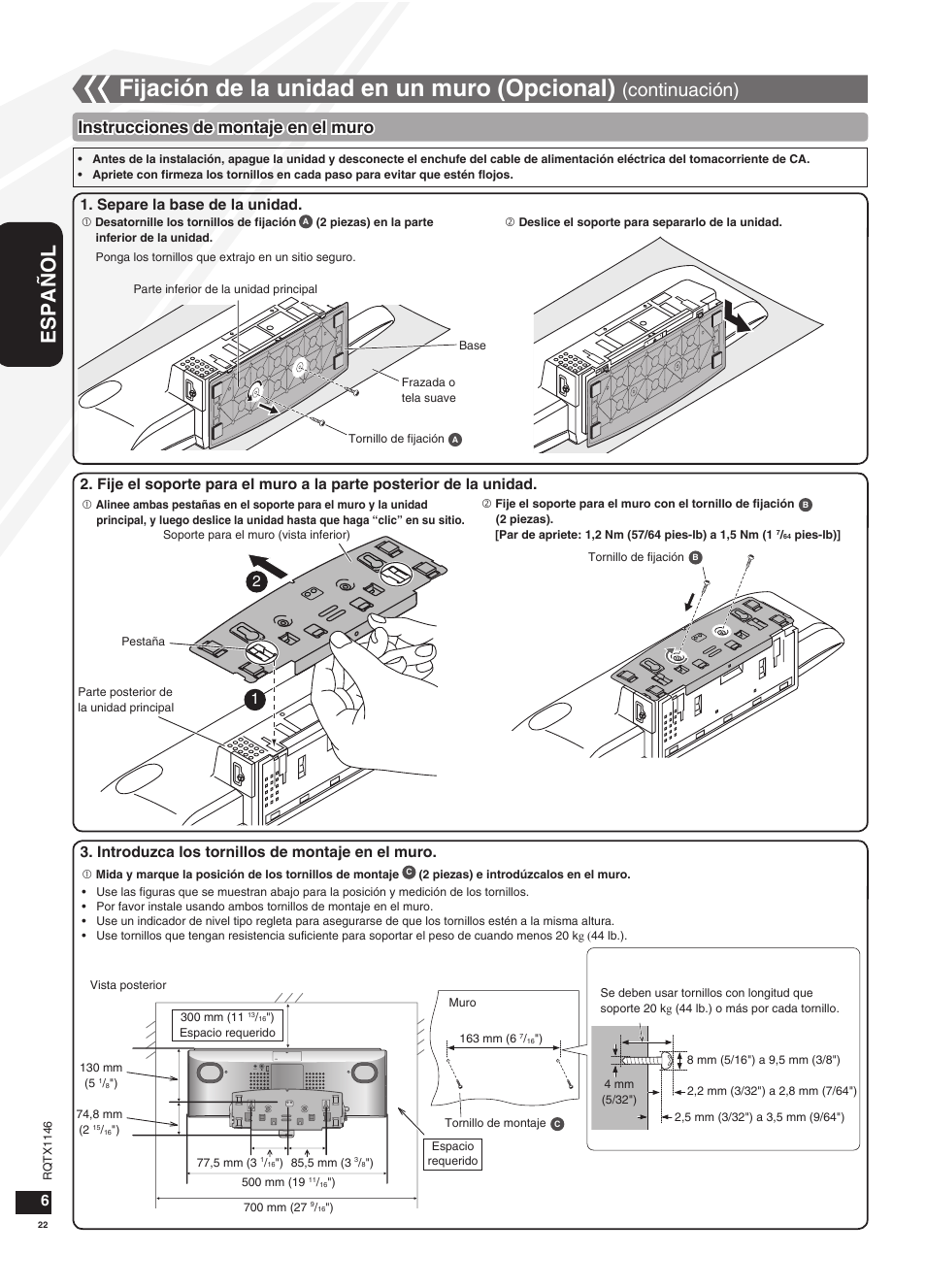 Fijación de la unidad en un muro (opcional), Español, Continuación) | Instrucciones de montaje en el muro | Panasonic SC-HC40 User Manual | Page 22 / 32