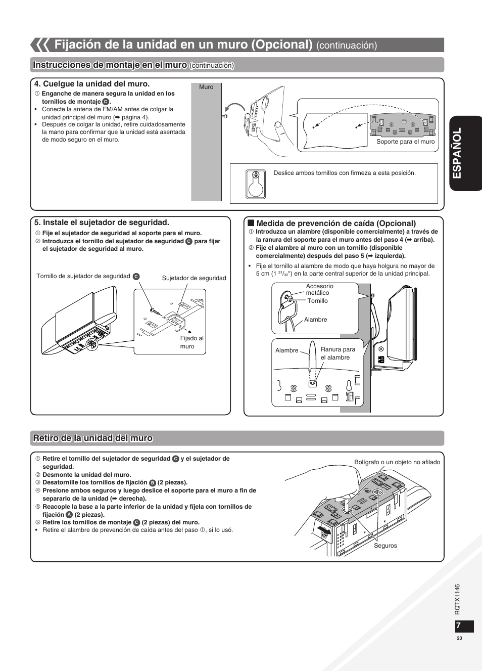 Fijación de la unidad en un muro (opcional), Español, Continuación) | Retiro de la unidad del muro, Instrucciones de montaje en el muro | Panasonic SC-HC40 User Manual | Page 23 / 32