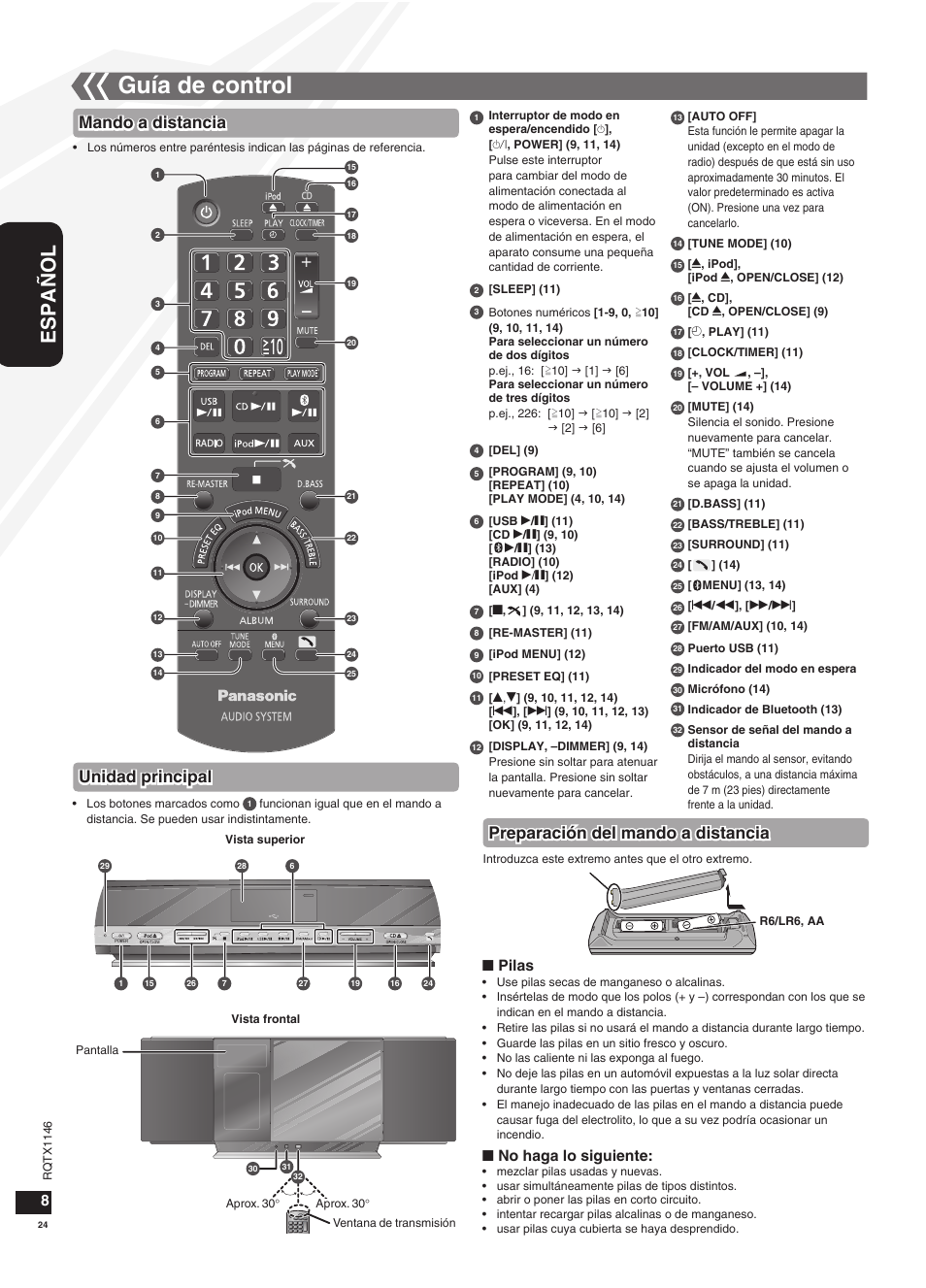 Guía de control, Español, Mando a distancia unidad principal | Preparación del mando a distancia, Pilas, No haga lo siguiente | Panasonic SC-HC40 User Manual | Page 24 / 32