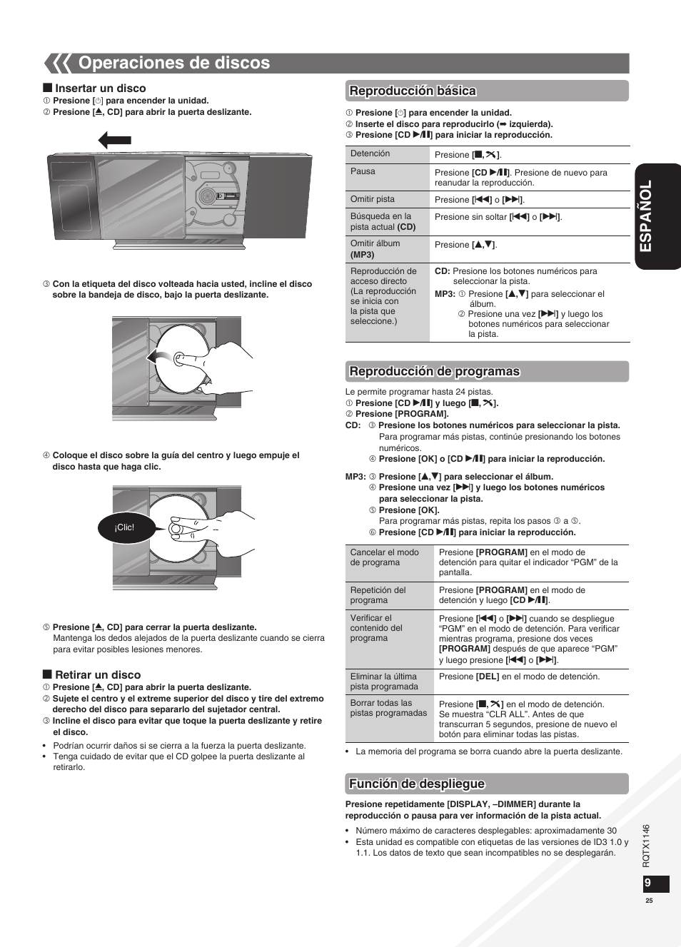 Operaciones de discos, Español, Reproducción de programas | Función de despliegue, Reproducción básica | Panasonic SC-HC40 User Manual | Page 25 / 32