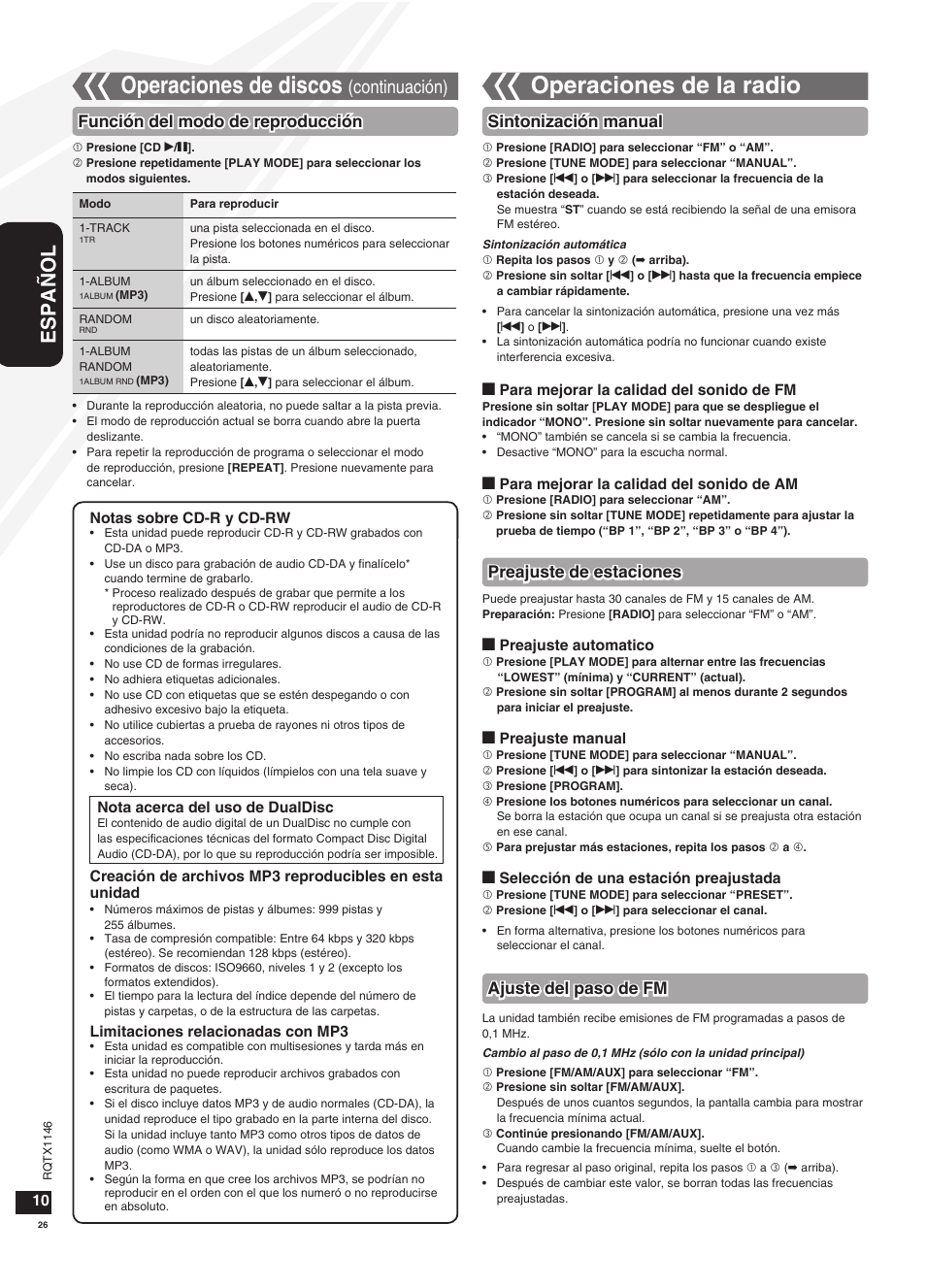 Operaciones de discos, Operaciones de la radio, Español | Continuación), Función del modo de reproducción | Panasonic SC-HC40 User Manual | Page 26 / 32