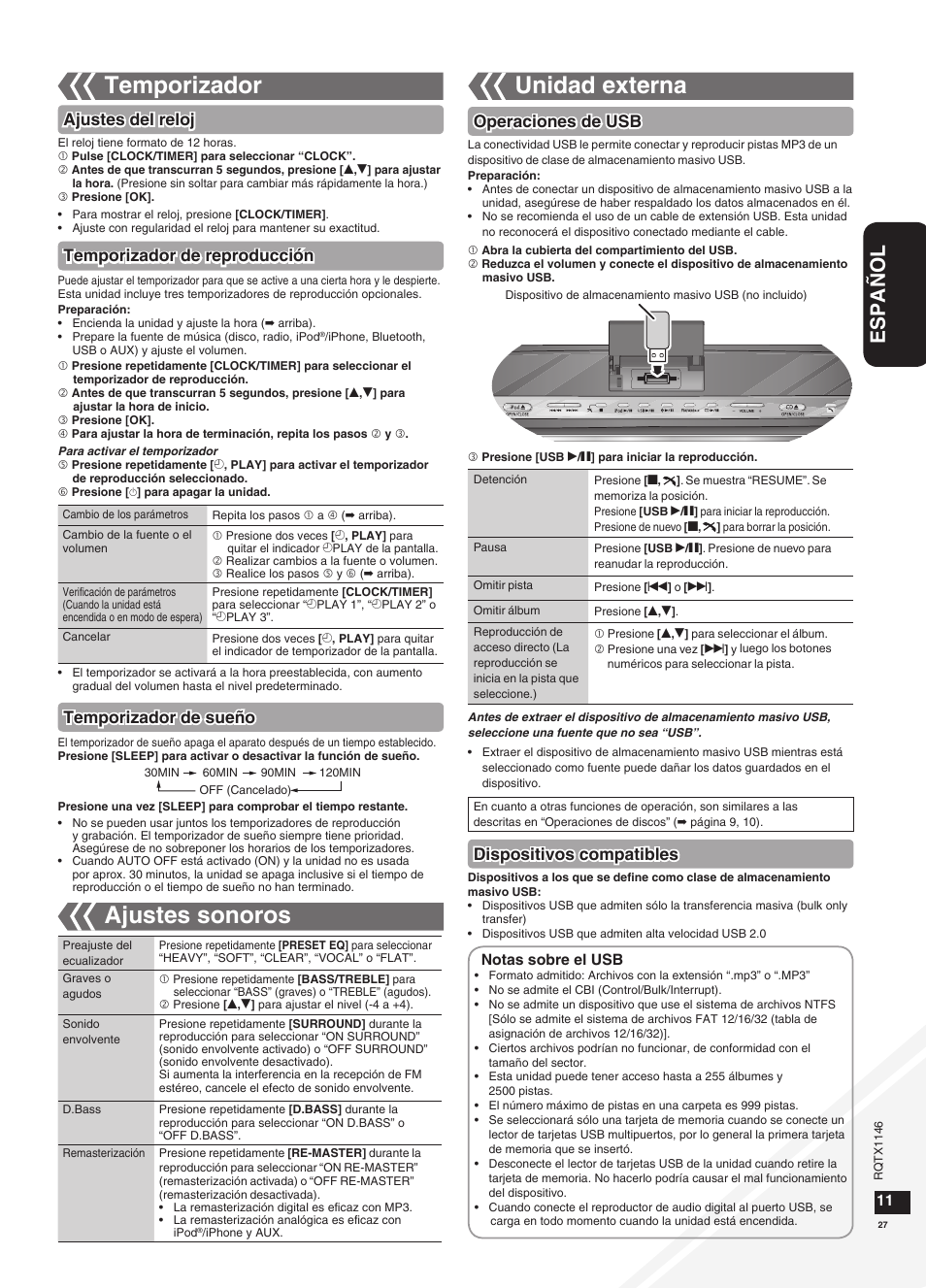 Unidad externa, Temporizador, Ajustes sonoros | Español, Ajustes del reloj, Temporizador de reproducción, Temporizador de sueño, Operaciones de usb, Dispositivos compatibles | Panasonic SC-HC40 User Manual | Page 27 / 32