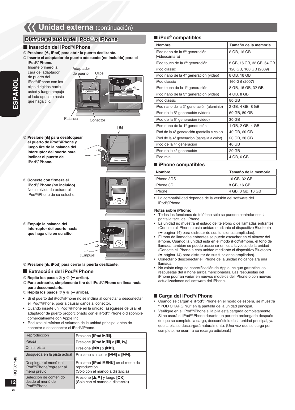 Unidad externa, Español, Continuación) | Disfrute el audio del ipod, O iphone | Panasonic SC-HC40 User Manual | Page 28 / 32