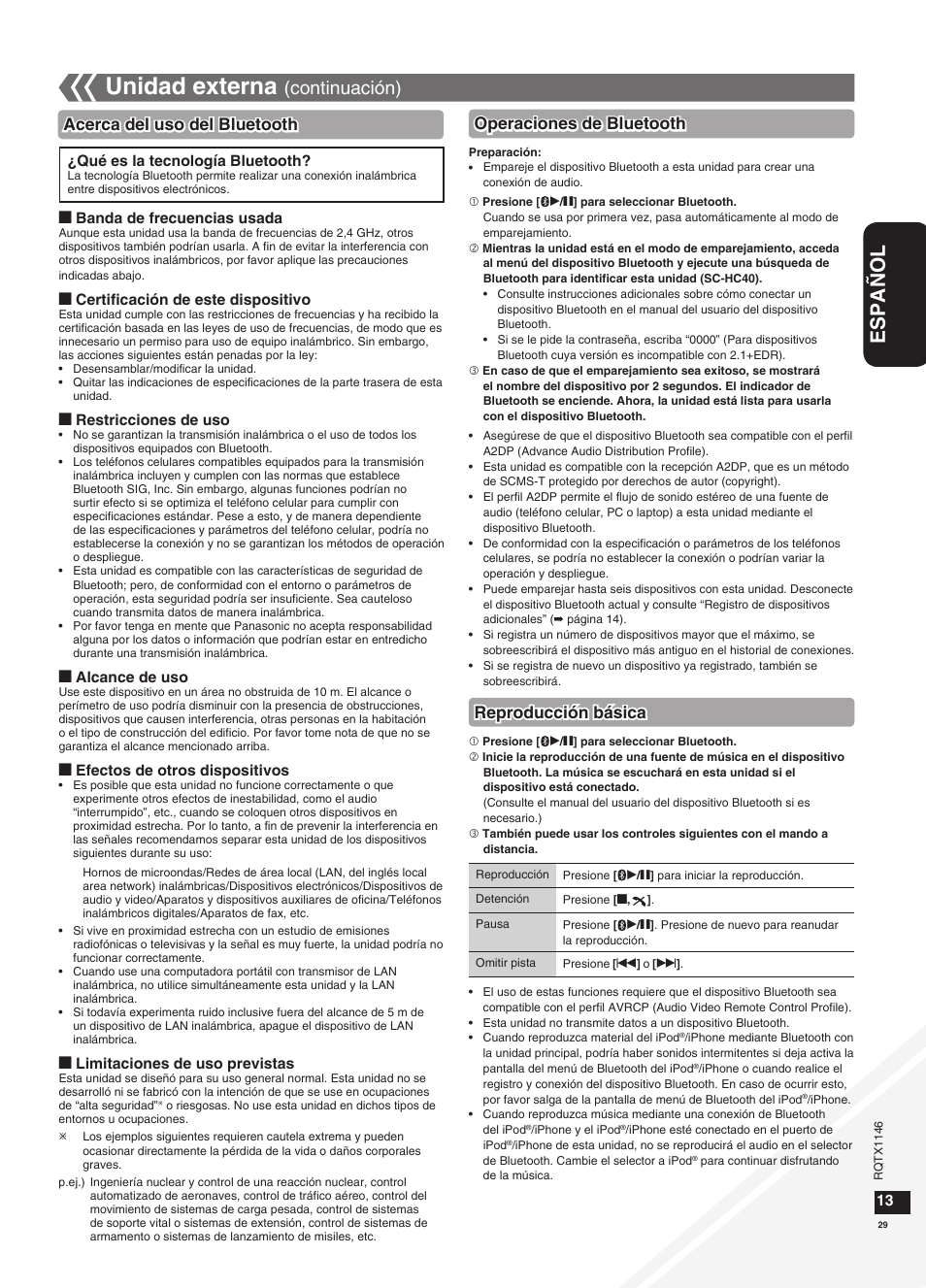 Unidad externa, Español, Continuación) | Operaciones de bluetooth reproducción básica, Acerca del uso del bluetooth | Panasonic SC-HC40 User Manual | Page 29 / 32