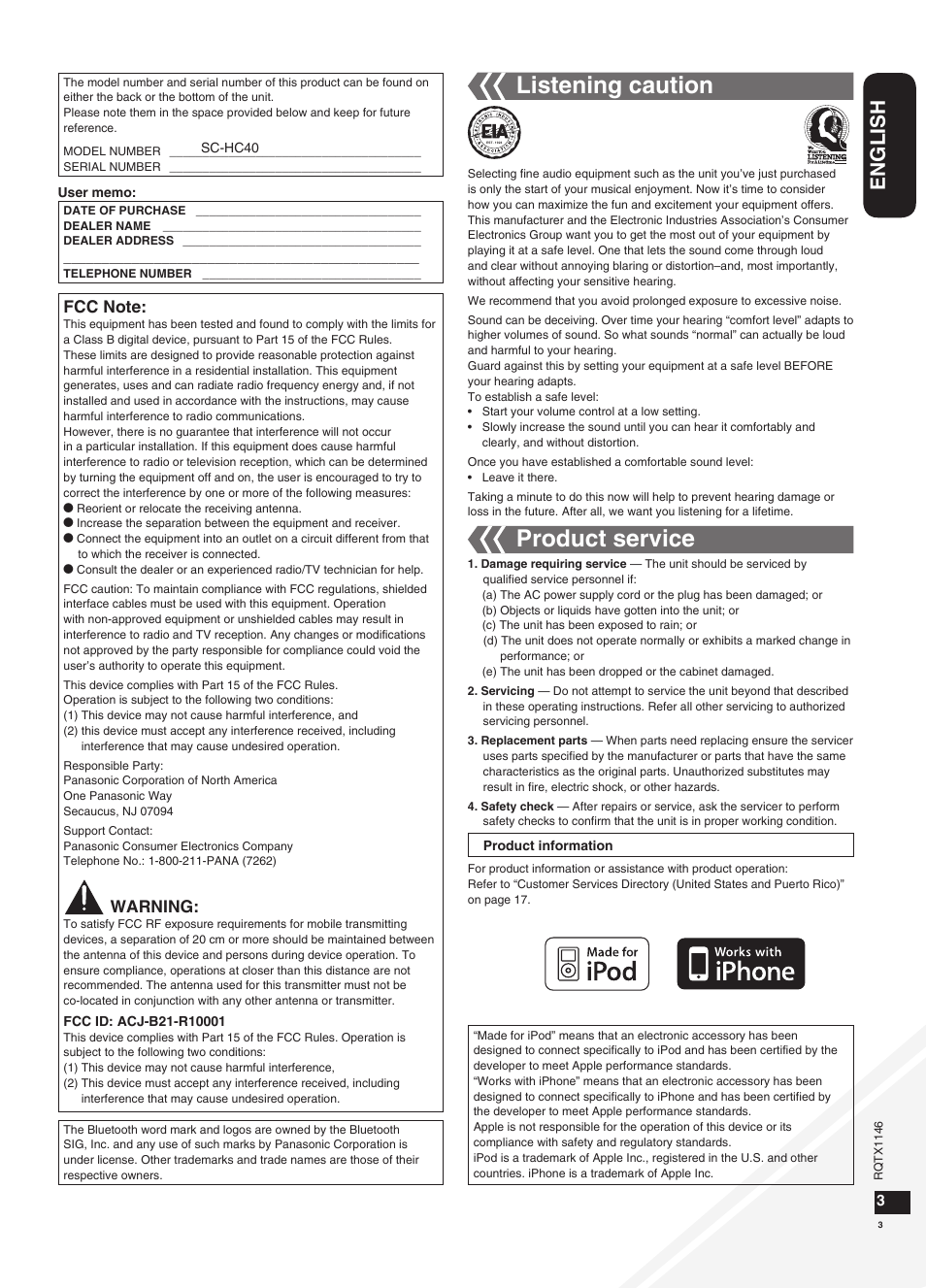 Listening caution, Product service, English | Warning | Panasonic SC-HC40 User Manual | Page 3 / 32