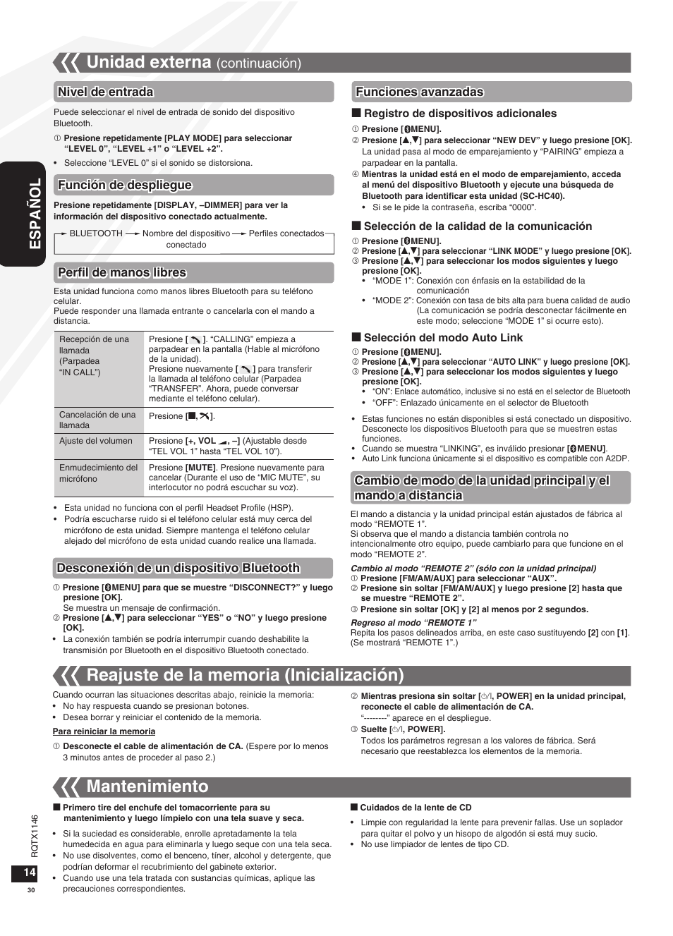 Unidad externa, Mantenimiento, Español | Continuación), Nivel de entrada, Función de despliegue, Perfil de manos libres | Panasonic SC-HC40 User Manual | Page 30 / 32