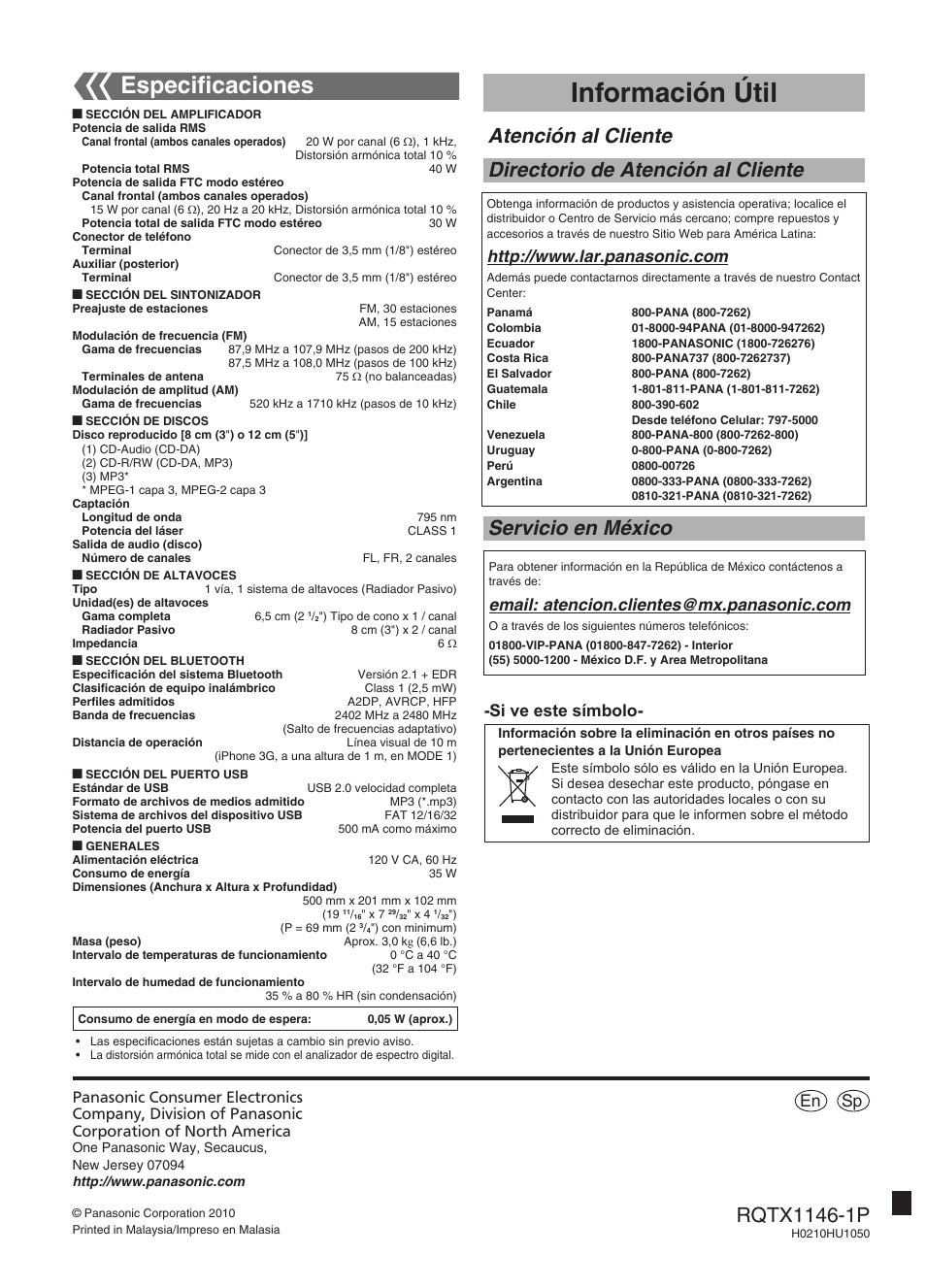 Información útil, Especiﬁcaciones, Atención al cliente | Directorio de atención al cliente, Servicio en méxico, Sp en, Si ve este símbolo | Panasonic SC-HC40 User Manual | Page 32 / 32