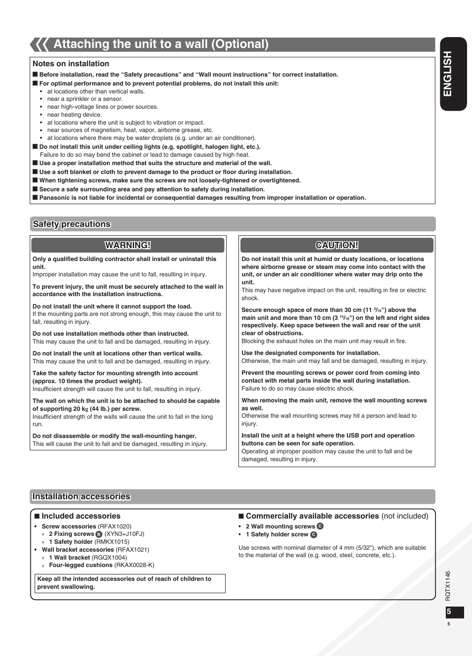 Attaching the unit to a wall (optional), English | Panasonic SC-HC40 User Manual | Page 5 / 32