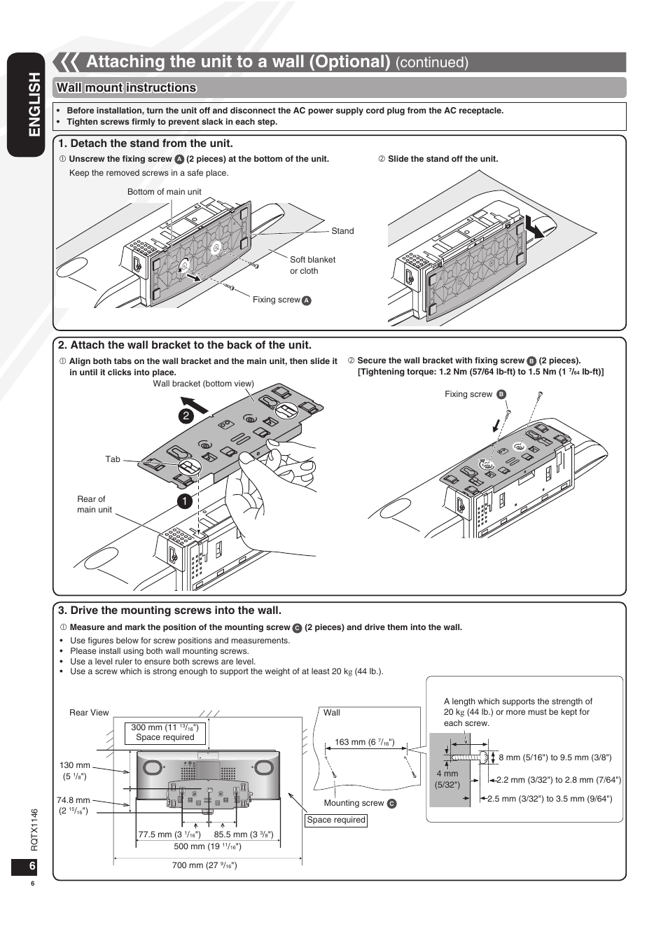 Attaching the unit to a wall (optional), English, Continued) | Wall mount instructions, Drive the mounting screws into the wall | Panasonic SC-HC40 User Manual | Page 6 / 32