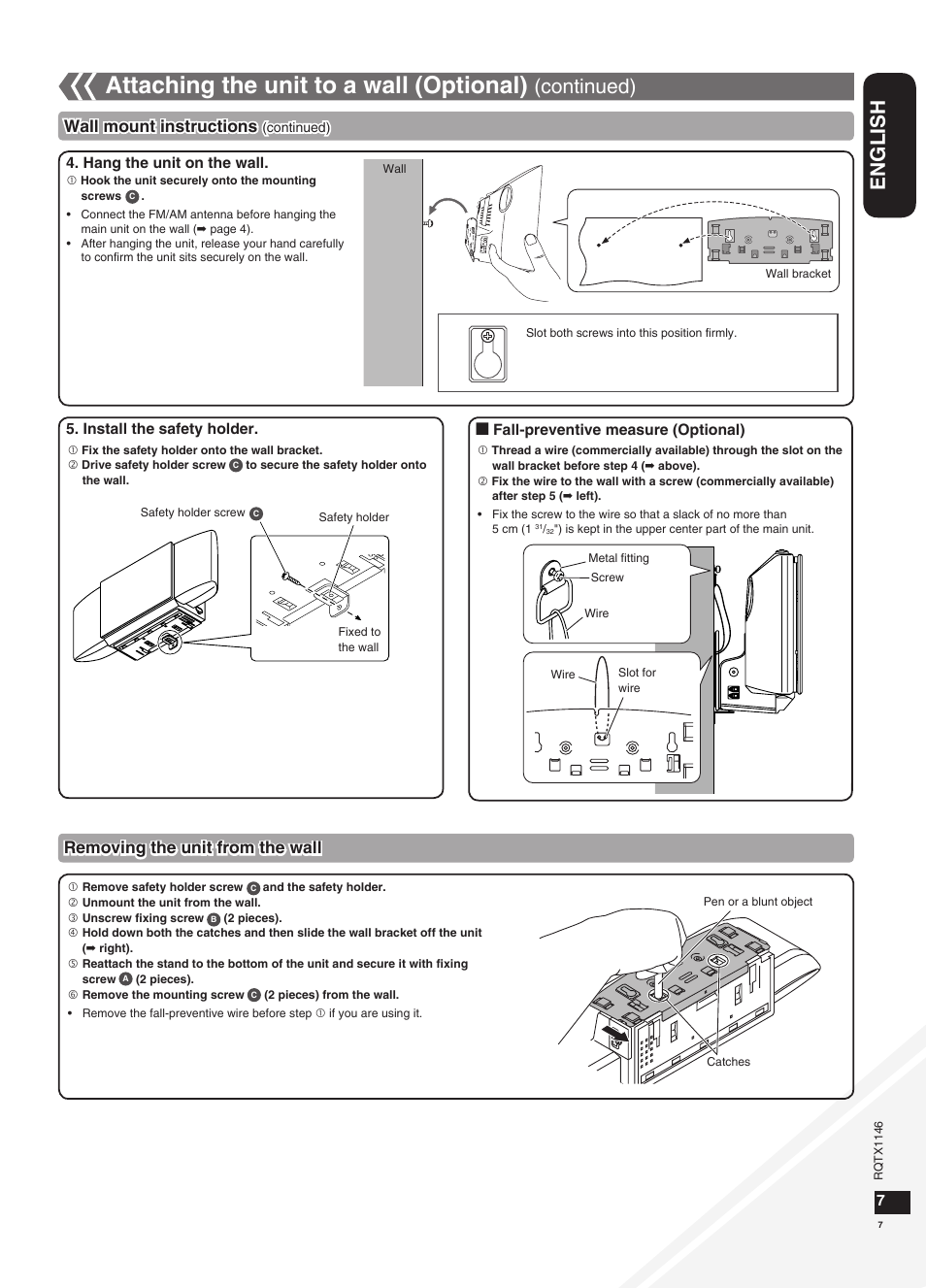 Attaching the unit to a wall (optional), English, Continued) | Removing the unit from the wall, Wall mount instructions | Panasonic SC-HC40 User Manual | Page 7 / 32