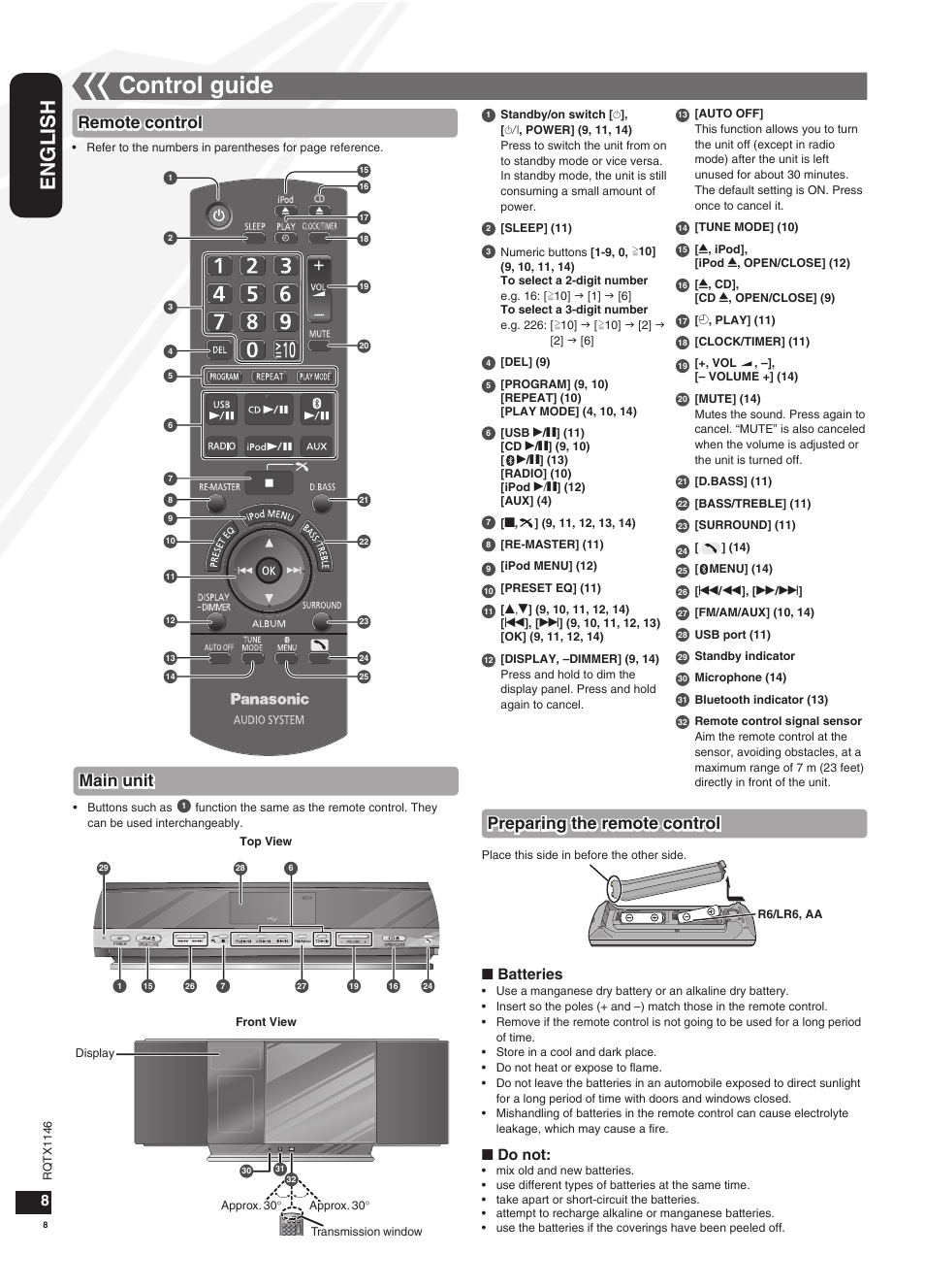 Control guide, English, Remote control | Main unit, Preparing the remote control, Batteries, Do not | Panasonic SC-HC40 User Manual | Page 8 / 32