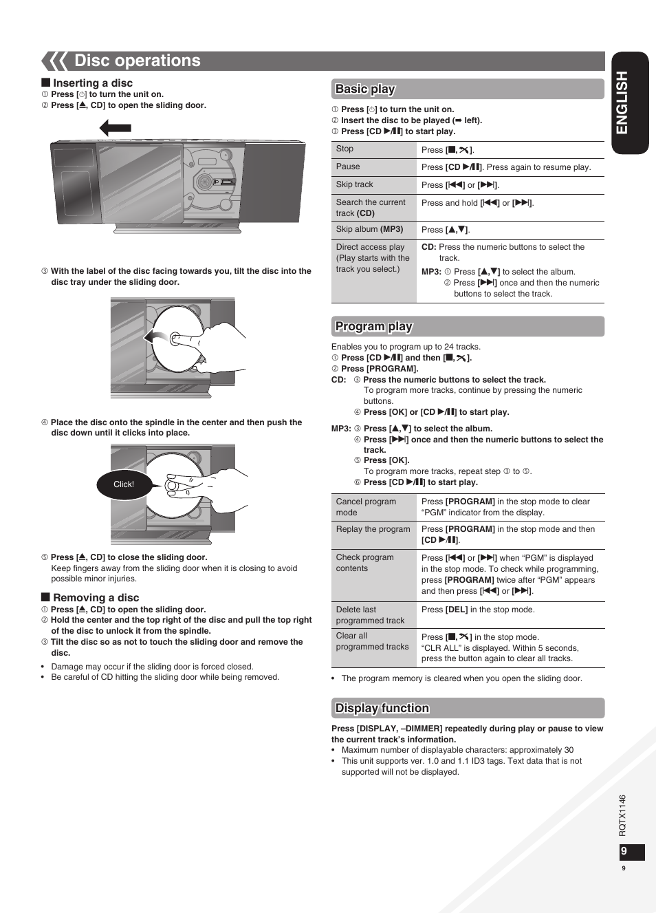 Disc operations, English, Program play | Basic play, Display function | Panasonic SC-HC40 User Manual | Page 9 / 32