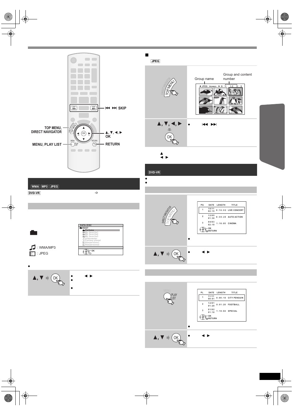 Using navigation menus, Selecting the picture in thumbnail menu, Playing data discs | Playing ram and dvd-r/-rw (dvd-vr) discs | Panasonic SC-PT673 User Manual | Page 21 / 40