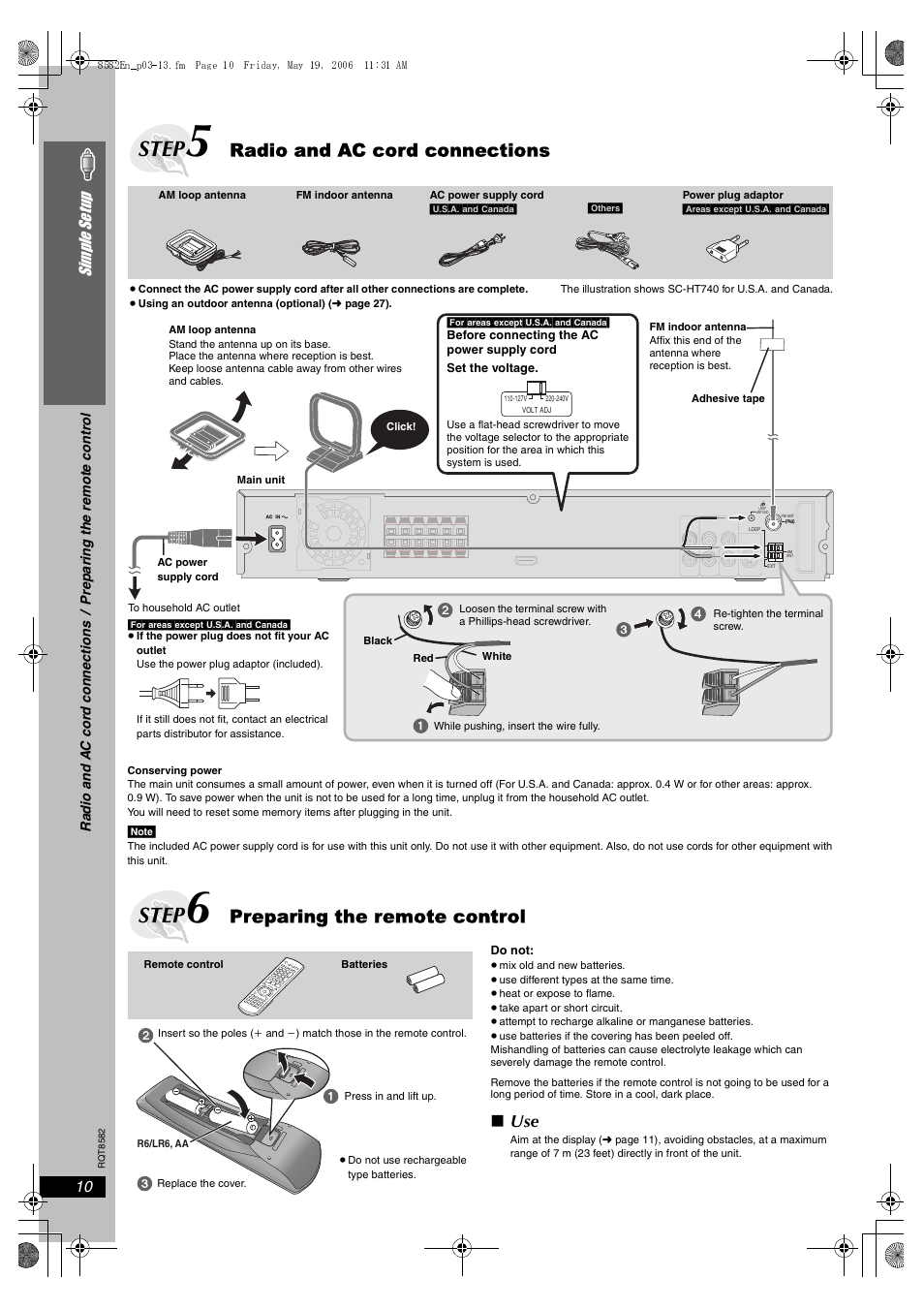 Step 5 radio and ac cord connections, Step 6 preparing the remote control, Step | Radio and ac cord connections, Preparing the remote control, 10 simple se tu p | Panasonic SC-HT743 User Manual | Page 10 / 40