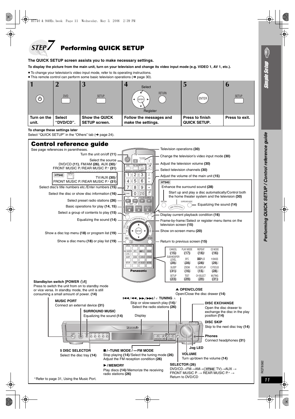 Step 7 performing quick setup, Control reference guide, Step | Performing quick setup, 11 simple se tu p, Open/close exchange skip, Volume disc disc | Panasonic SC-HT743 User Manual | Page 11 / 40