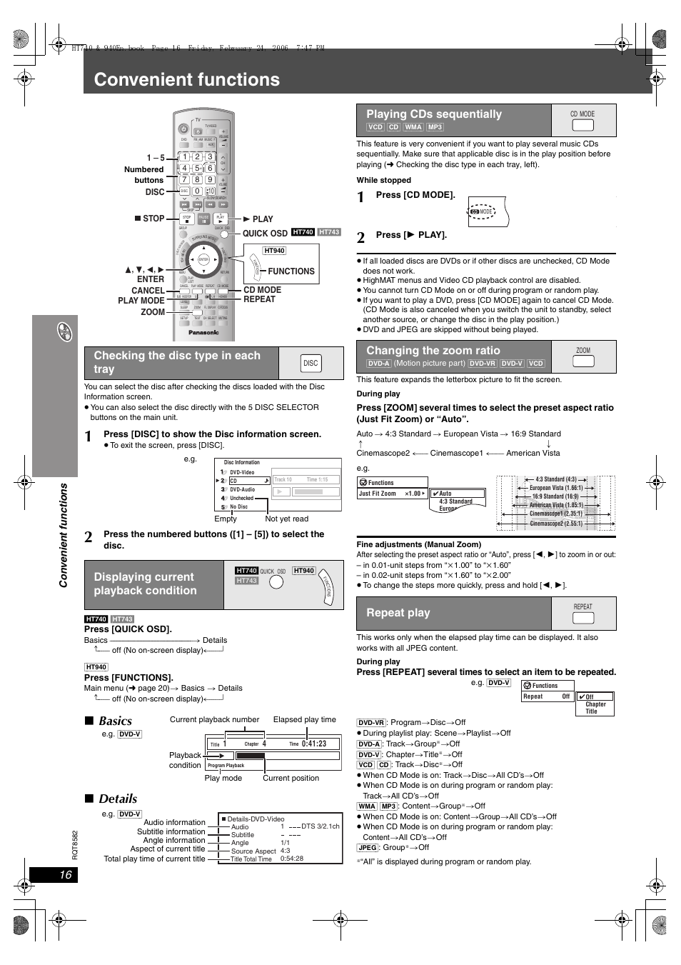 Convenient functions, Basics, Details | Checking the disc type in each tray, Displaying current playback condition, Playing cds sequentially, Changing the zoom ratio, Repeat play, Con v eni e nt fu nctio n s | Panasonic SC-HT743 User Manual | Page 16 / 40