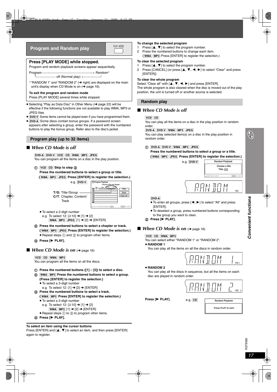 When cd mode is off, When cd mode is on, Program and random play | Con v eni e nt fu nctio n s, Press [play mode] while stopped, Program play (up to 32 items), Random play | Panasonic SC-HT743 User Manual | Page 17 / 40