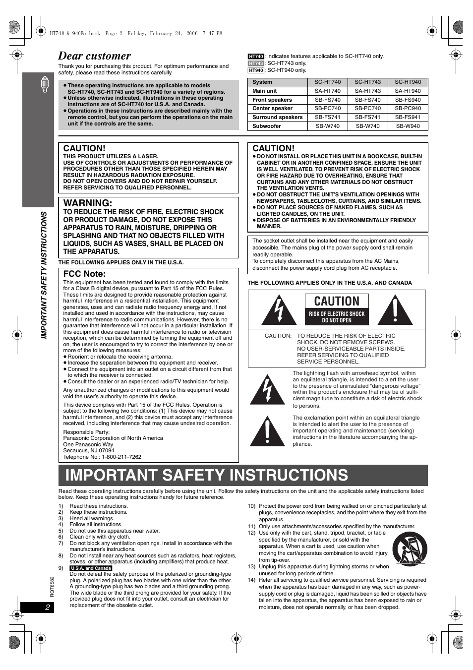 Getting started, Important safety instructions, Dear customer | Warning, Caution | Panasonic SC-HT743 User Manual | Page 2 / 40