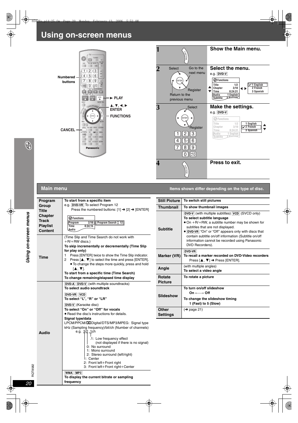 Using on-screen menus, Show the main menu, Select the menu | Make the settings, Press to exit, Main menu | Panasonic SC-HT743 User Manual | Page 20 / 40