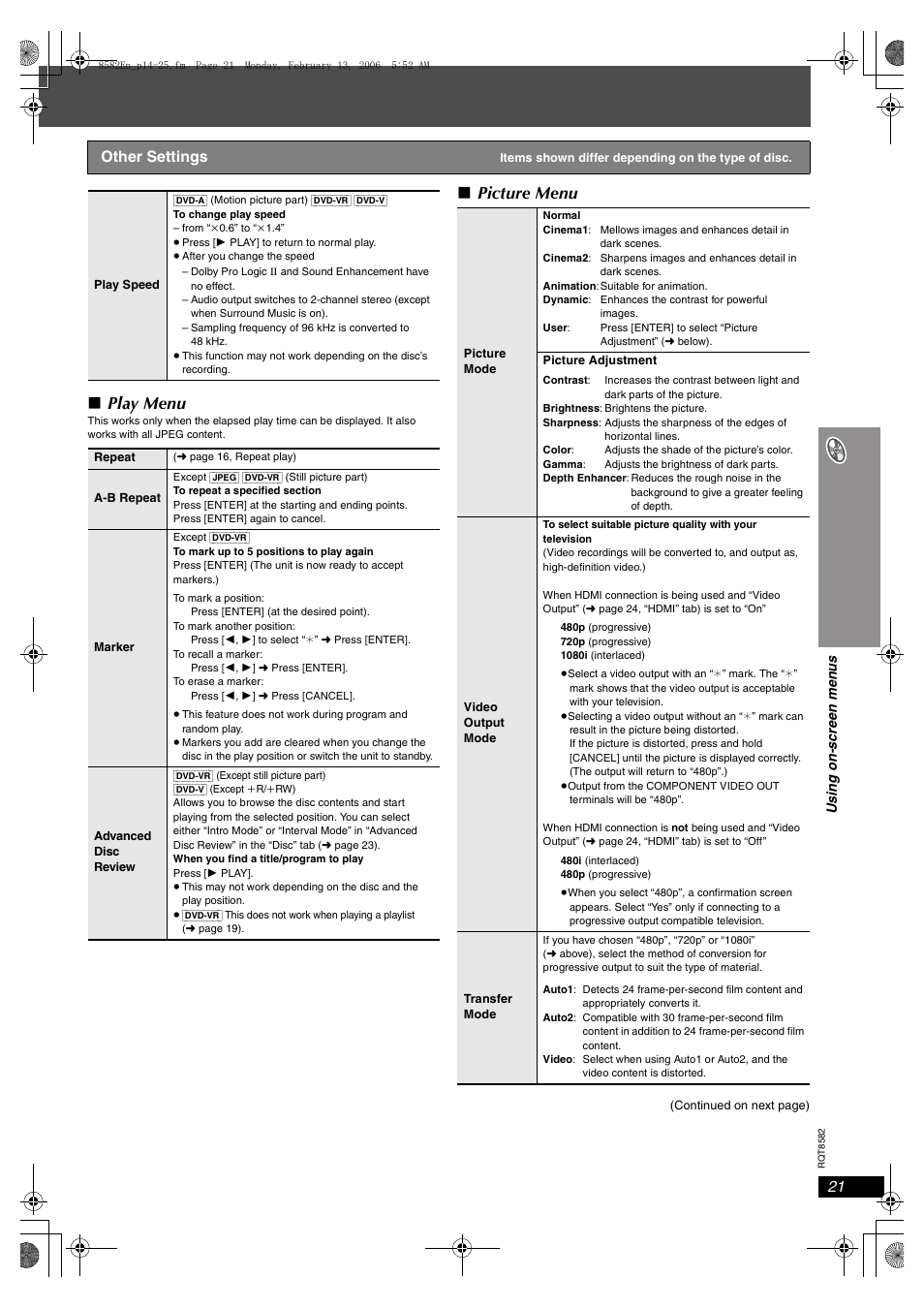 Play menu, Picture menu, Other settings | Panasonic SC-HT743 User Manual | Page 21 / 40