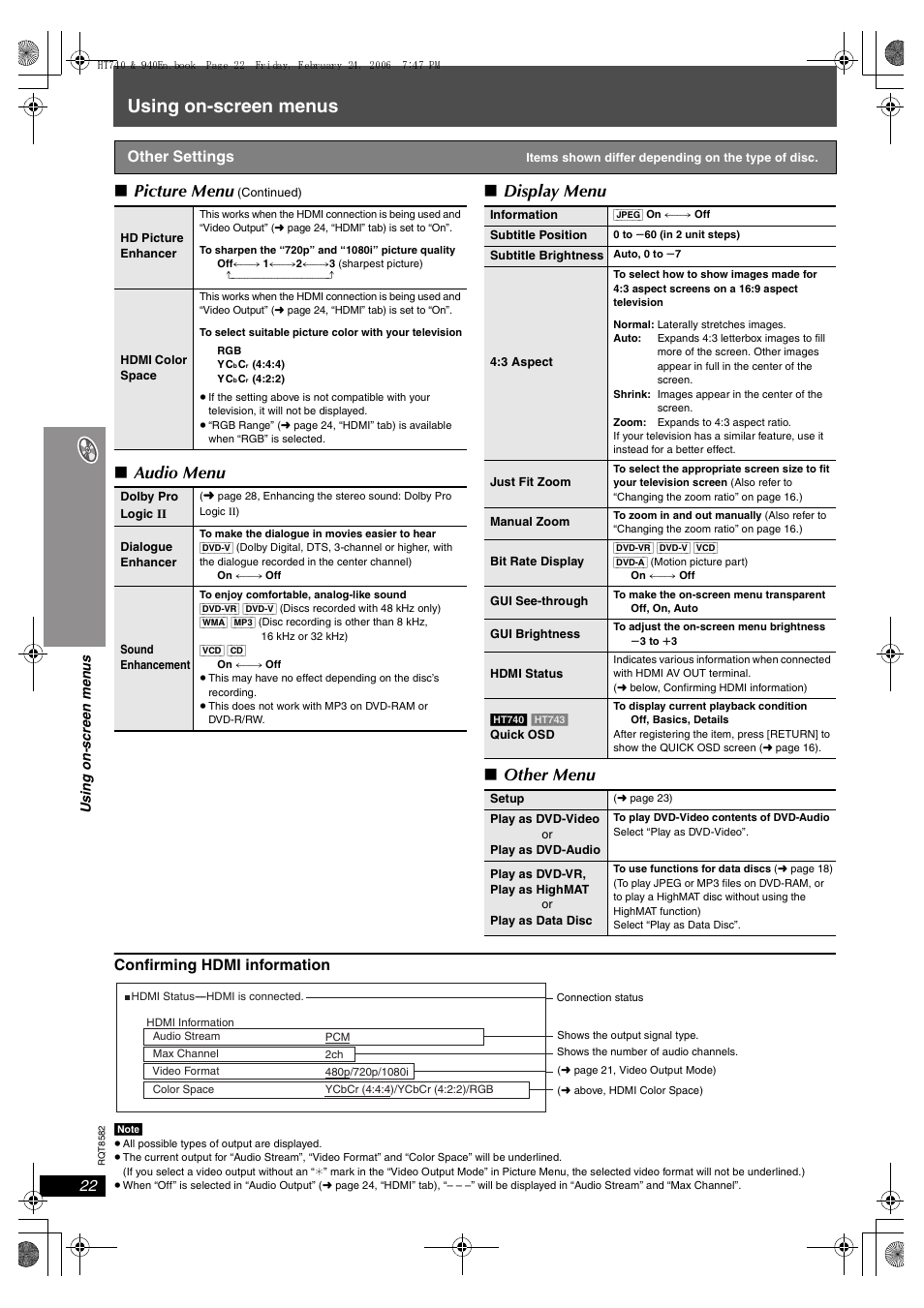 Using on-screen menus, Picture menu, Audio menu ∫ display menu ∫ other menu | Confirming hdmi information, Other settings | Panasonic SC-HT743 User Manual | Page 22 / 40