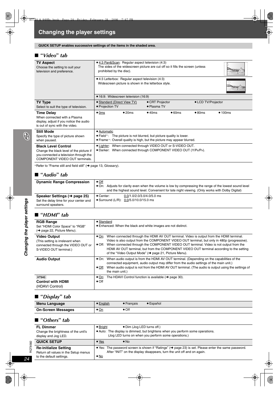 Changing the player settings, Video ” tab | Panasonic SC-HT743 User Manual | Page 24 / 40